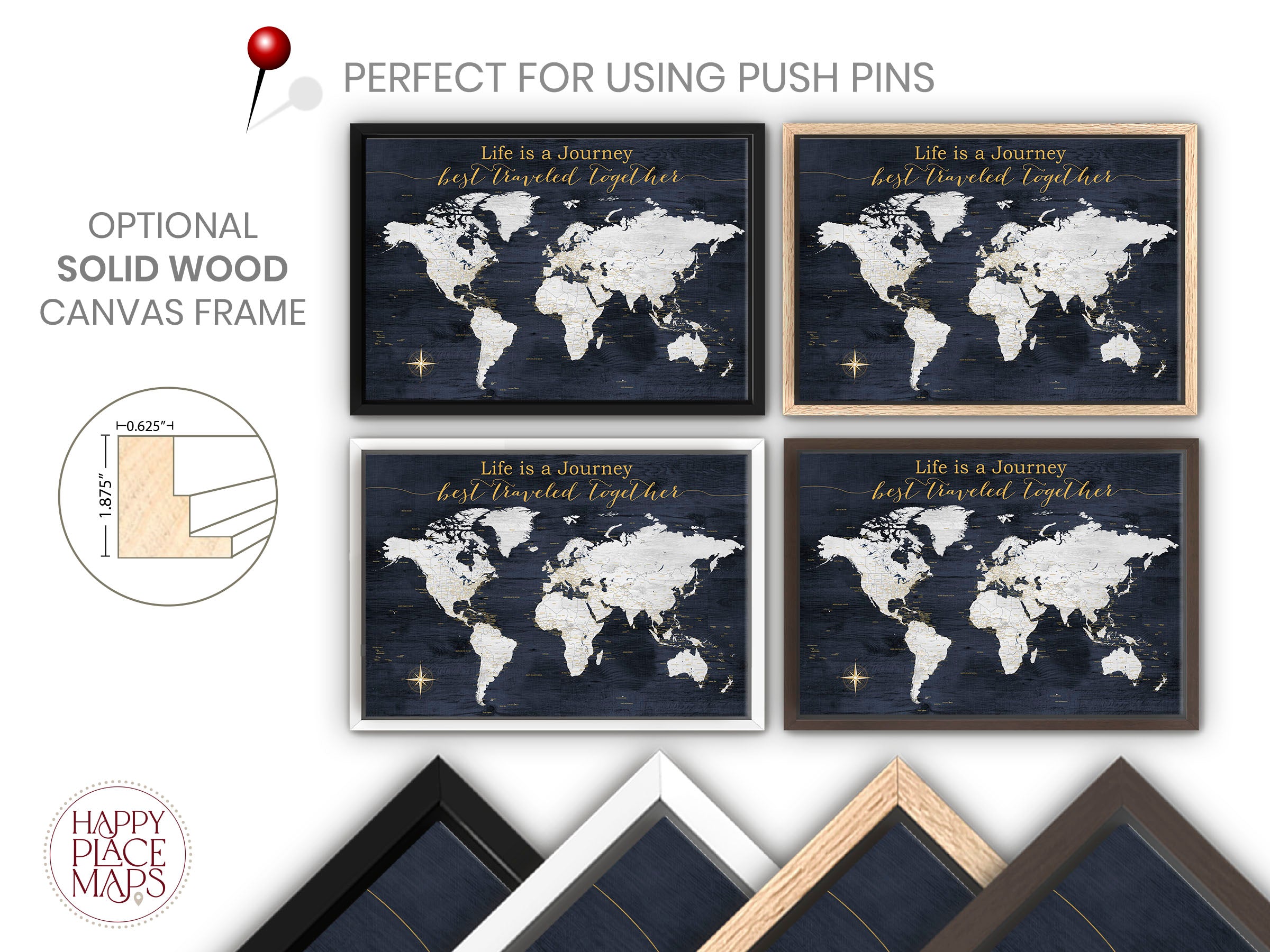 Framed Canvas Push Pin World Map with Personalization - Navy