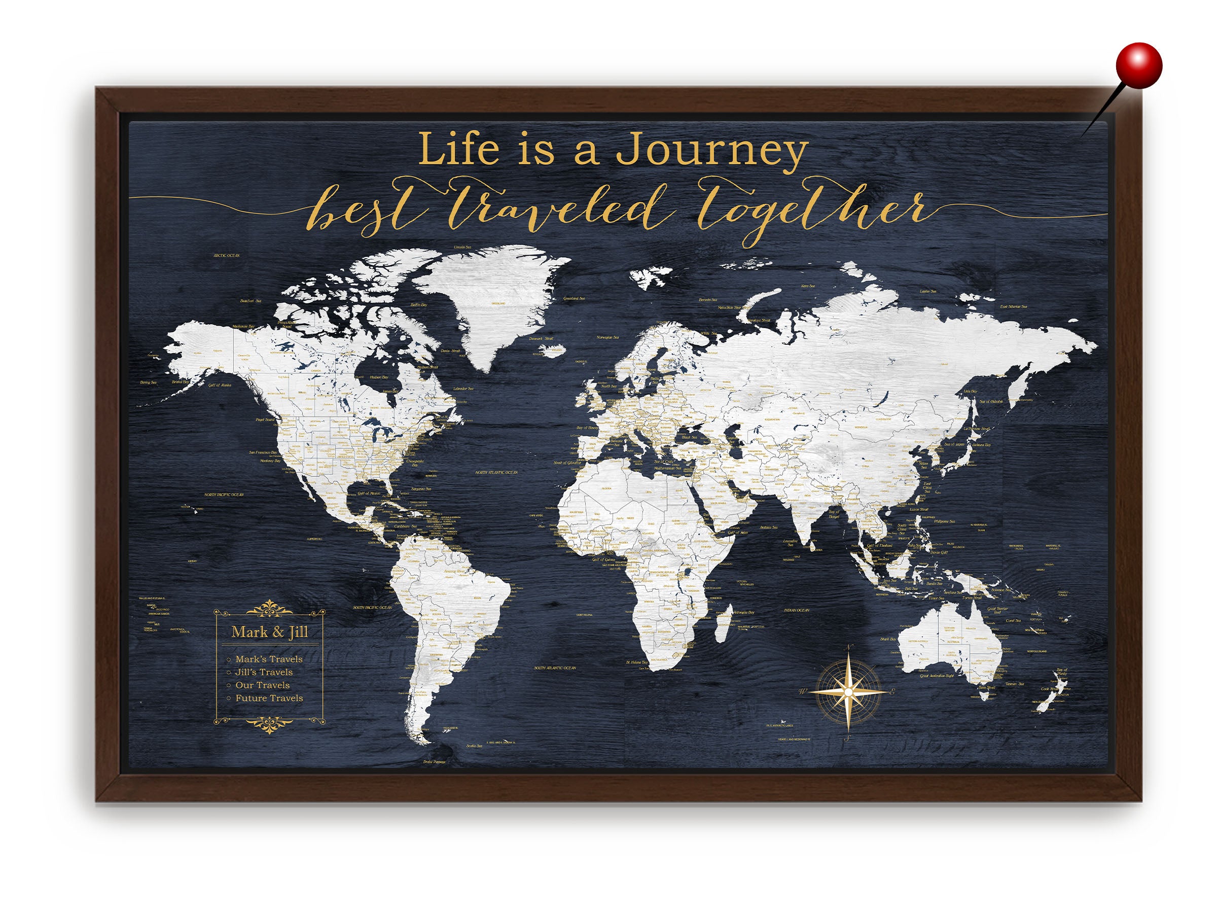 framed canvas world push pin map with dark brown frame