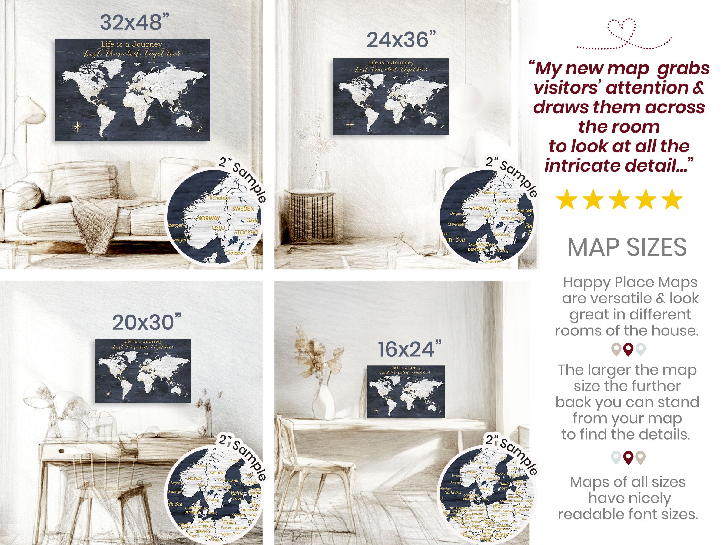 Framed Canvas Push Pin World Map with Personalization - Navy