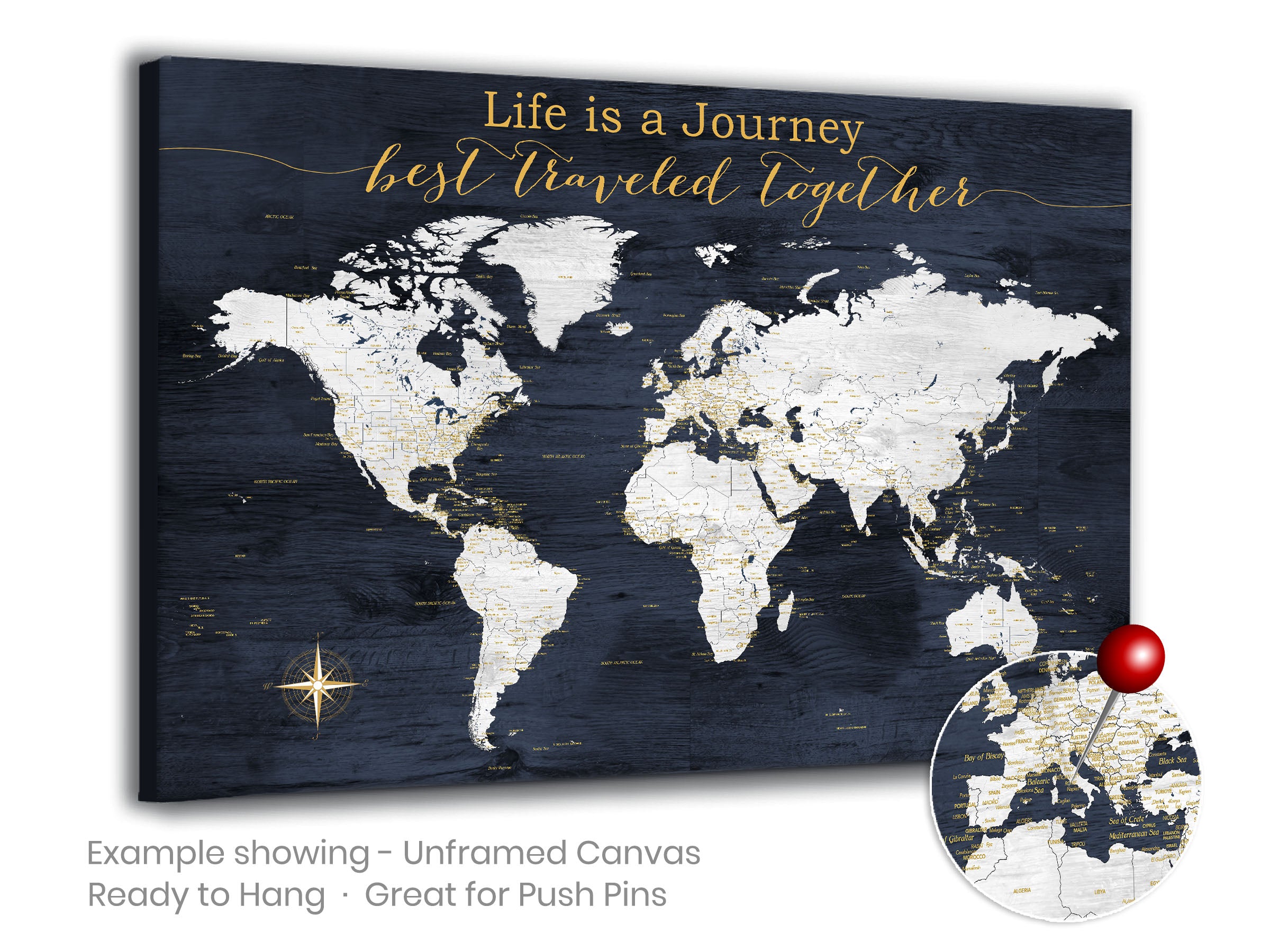 Navy world push pin map canvas on white wall