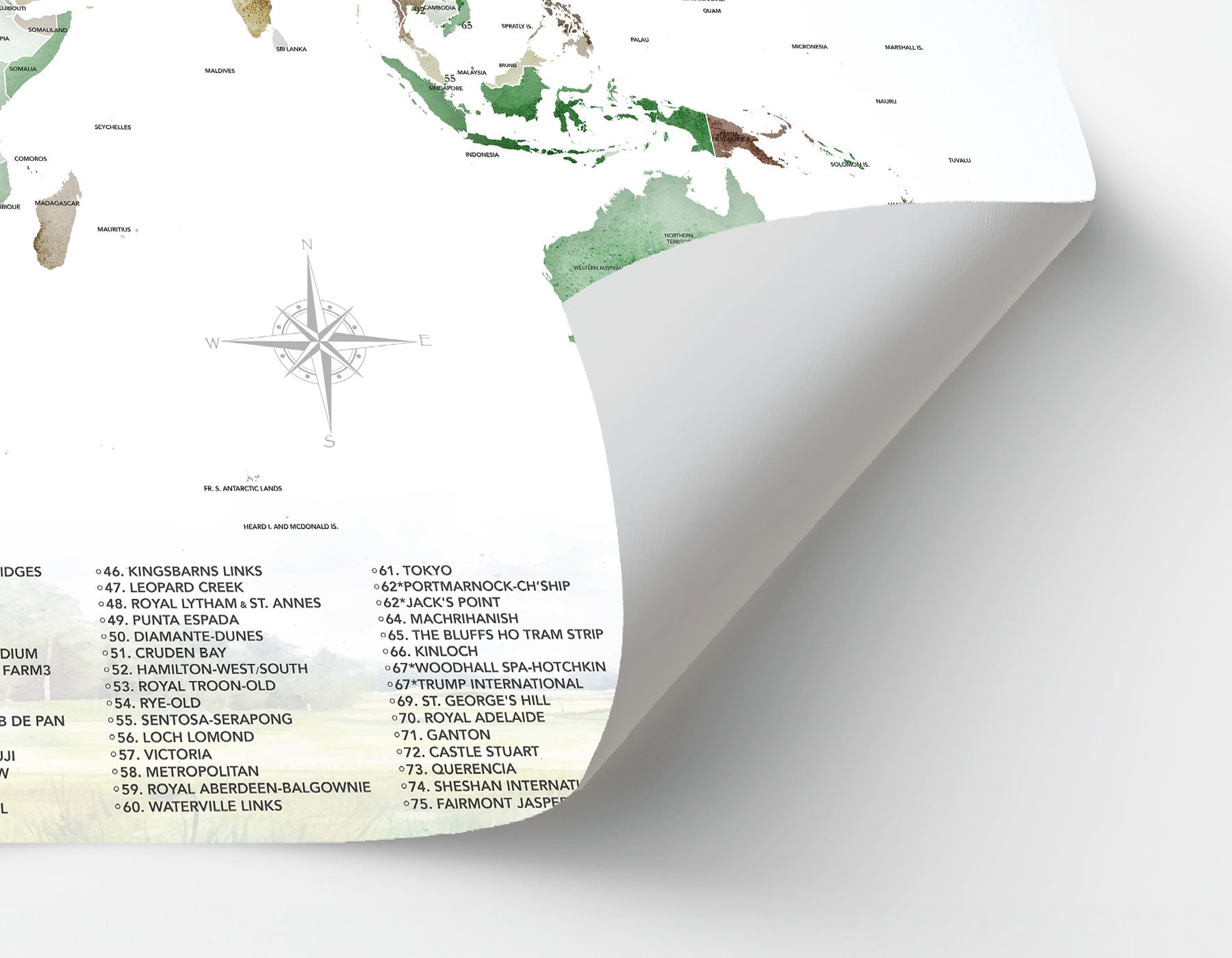 golf courses map showing thick paper with curled corner