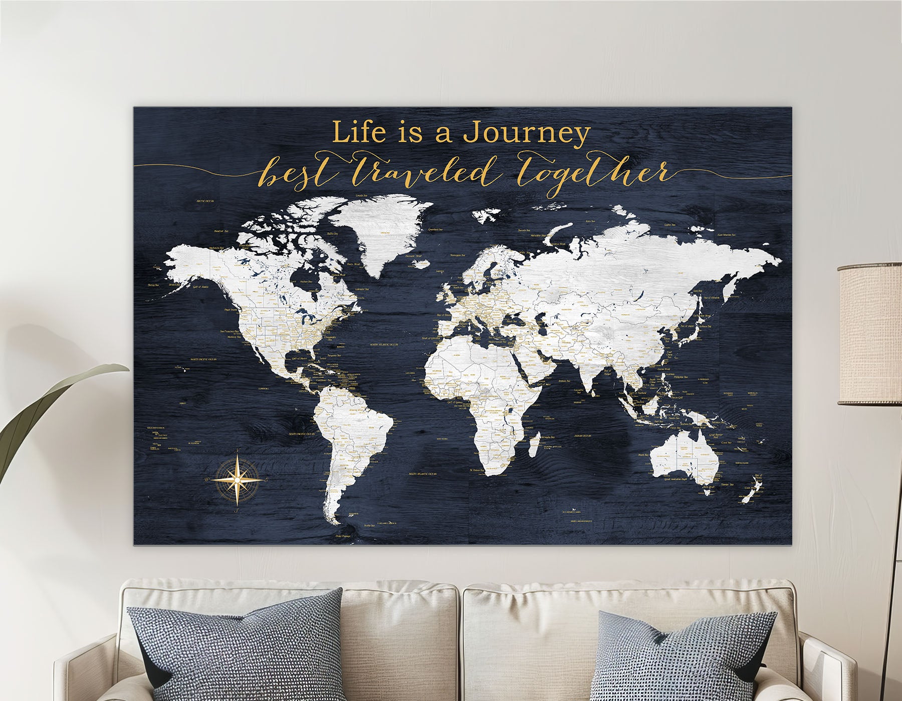 Navy World Travel Map Poster - Personalized Family Gift