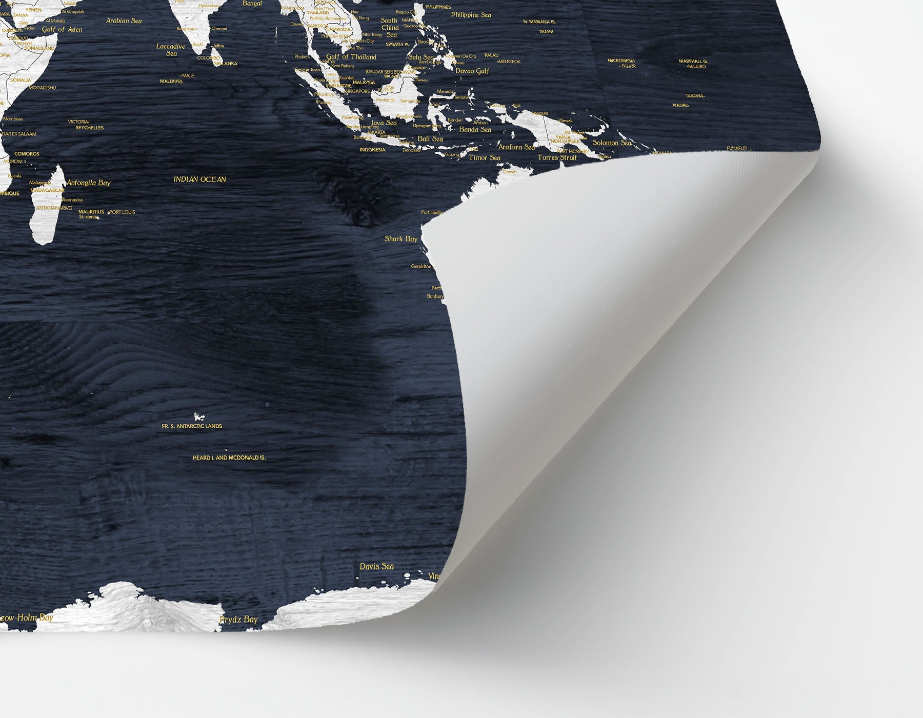 WORLD TRAVEL MAP POSTER showing thick paper curled corner