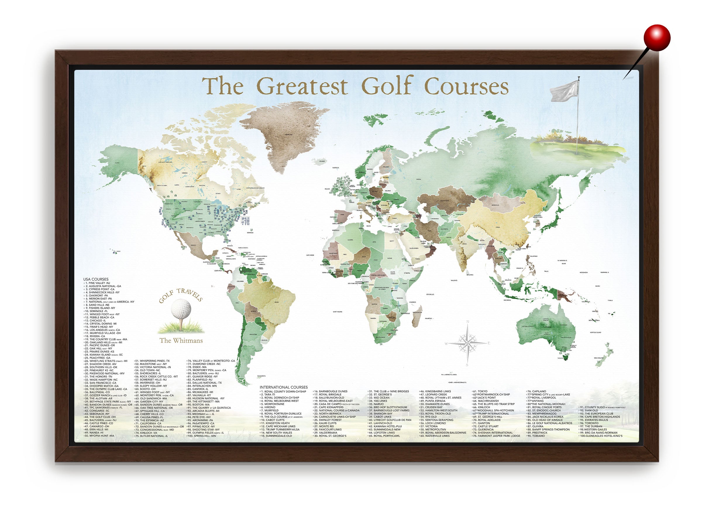 The best golf courses in the world map for push pin shown with dark brown espresso frame