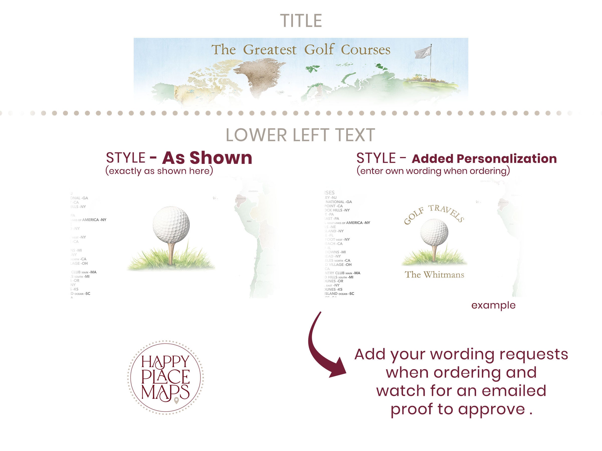 Personalized golf courses map options - add names - text or dates