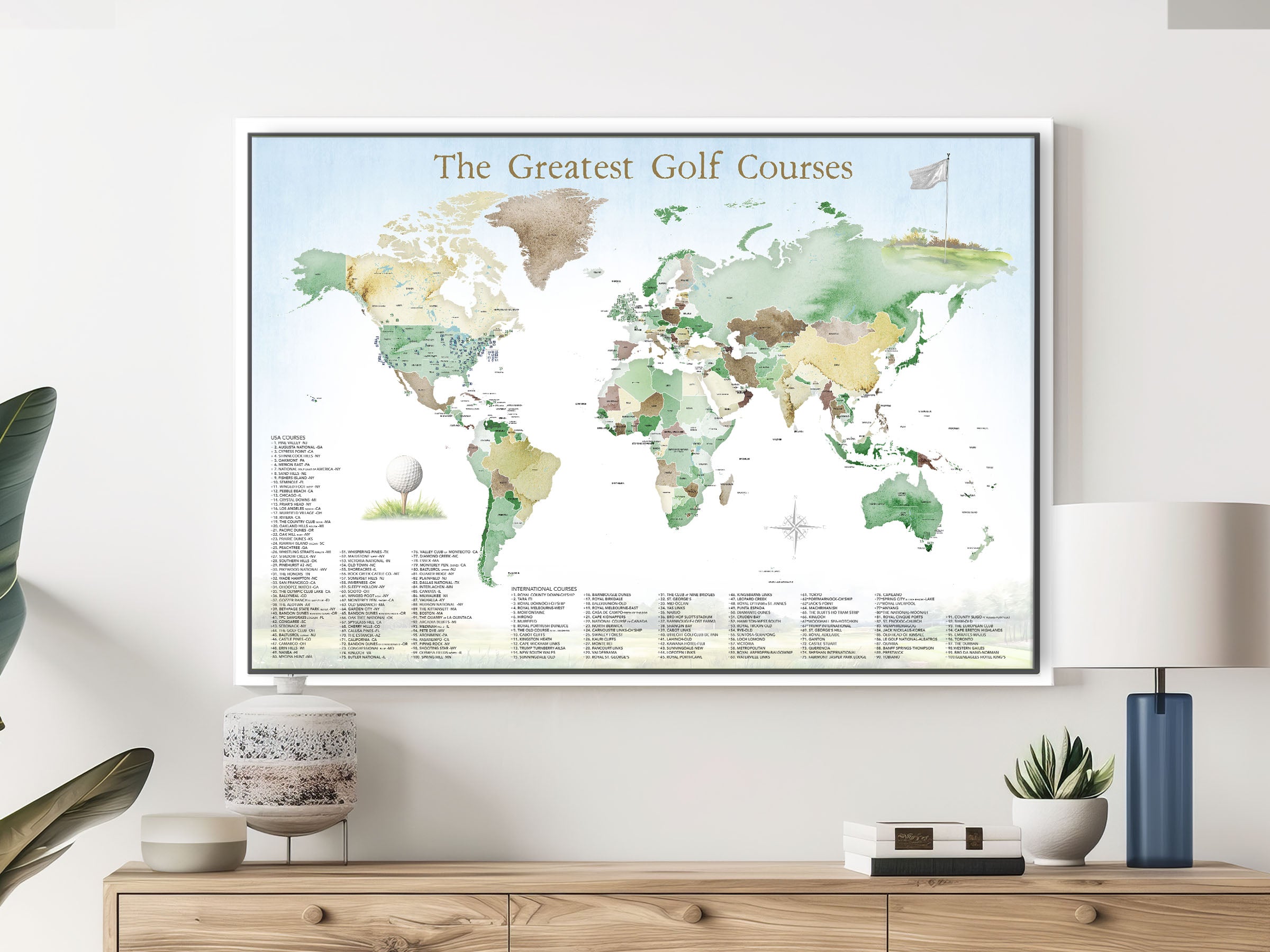 best golf courses in on a push pin world map with list of top courses and having with white frame