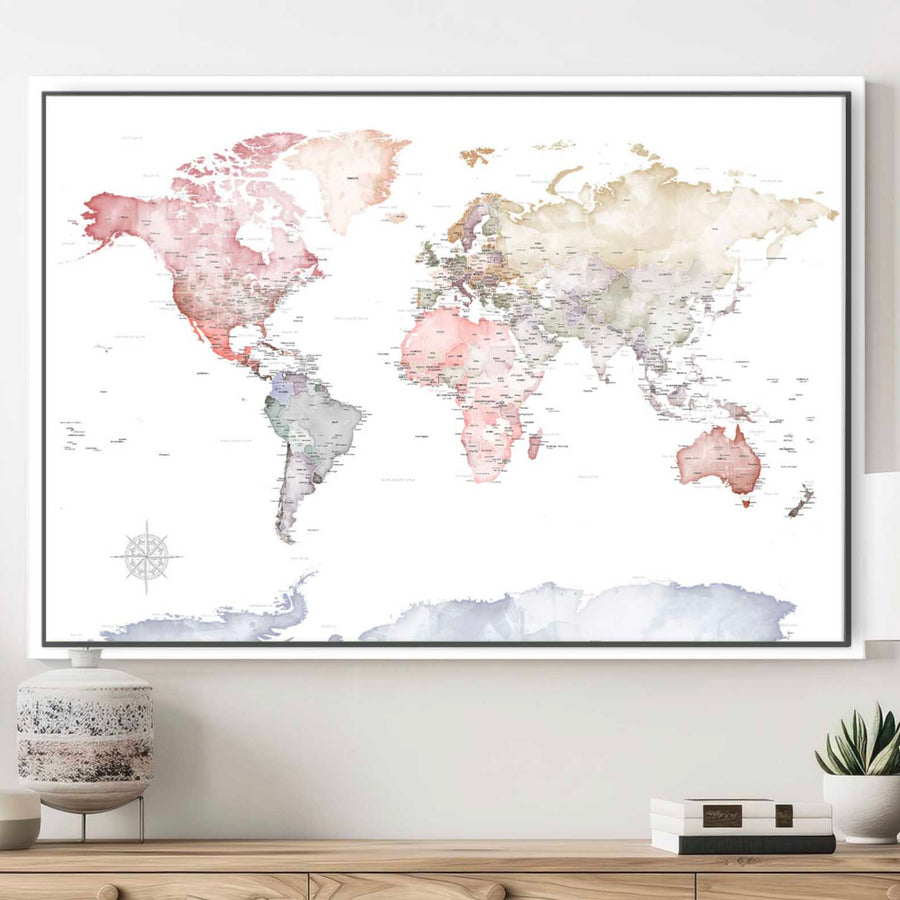 gallery wrapped world map push pin travel map on cream background