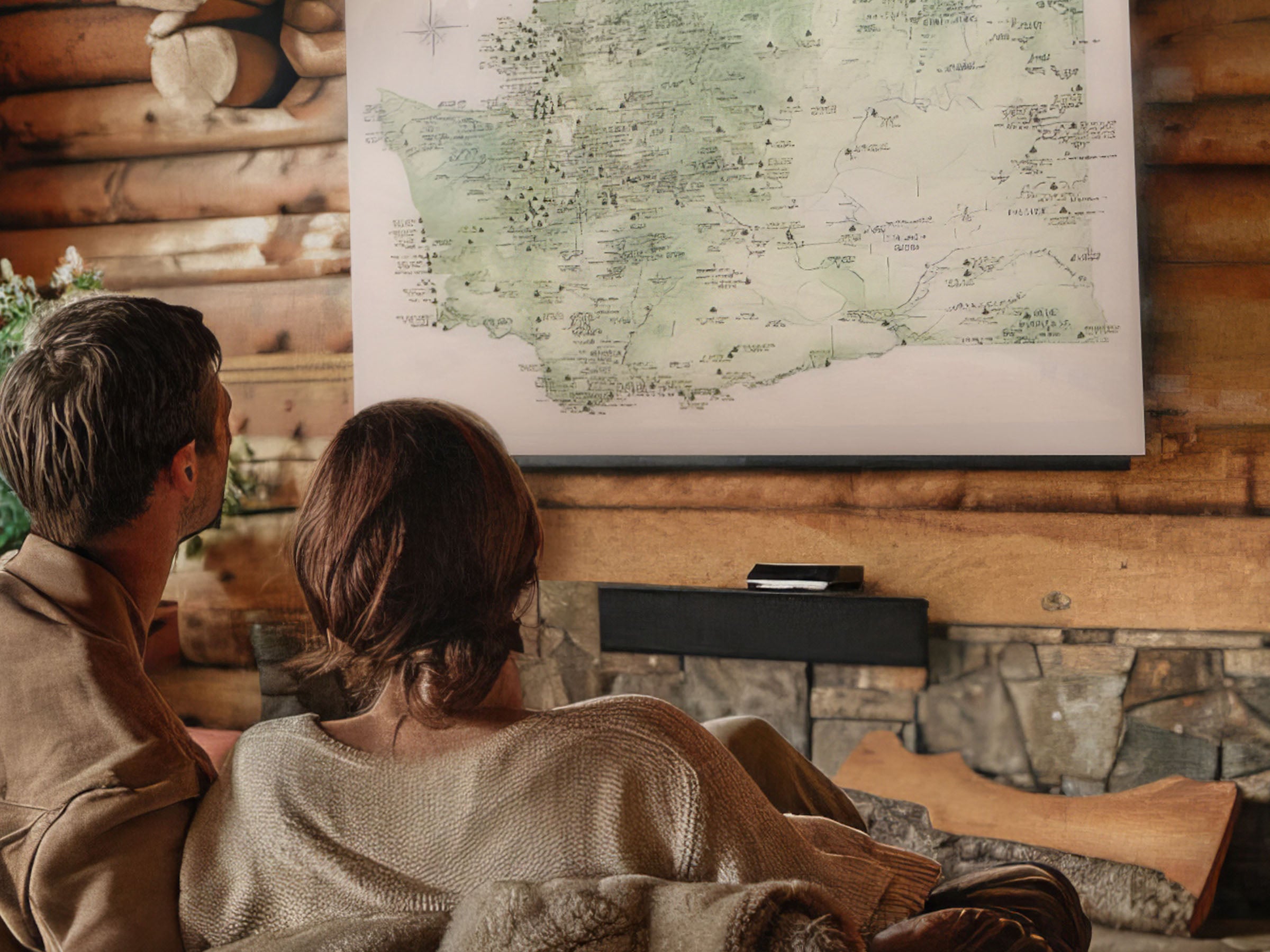 Viewing washington trails map - from behind Man and woman on couch in log cabin