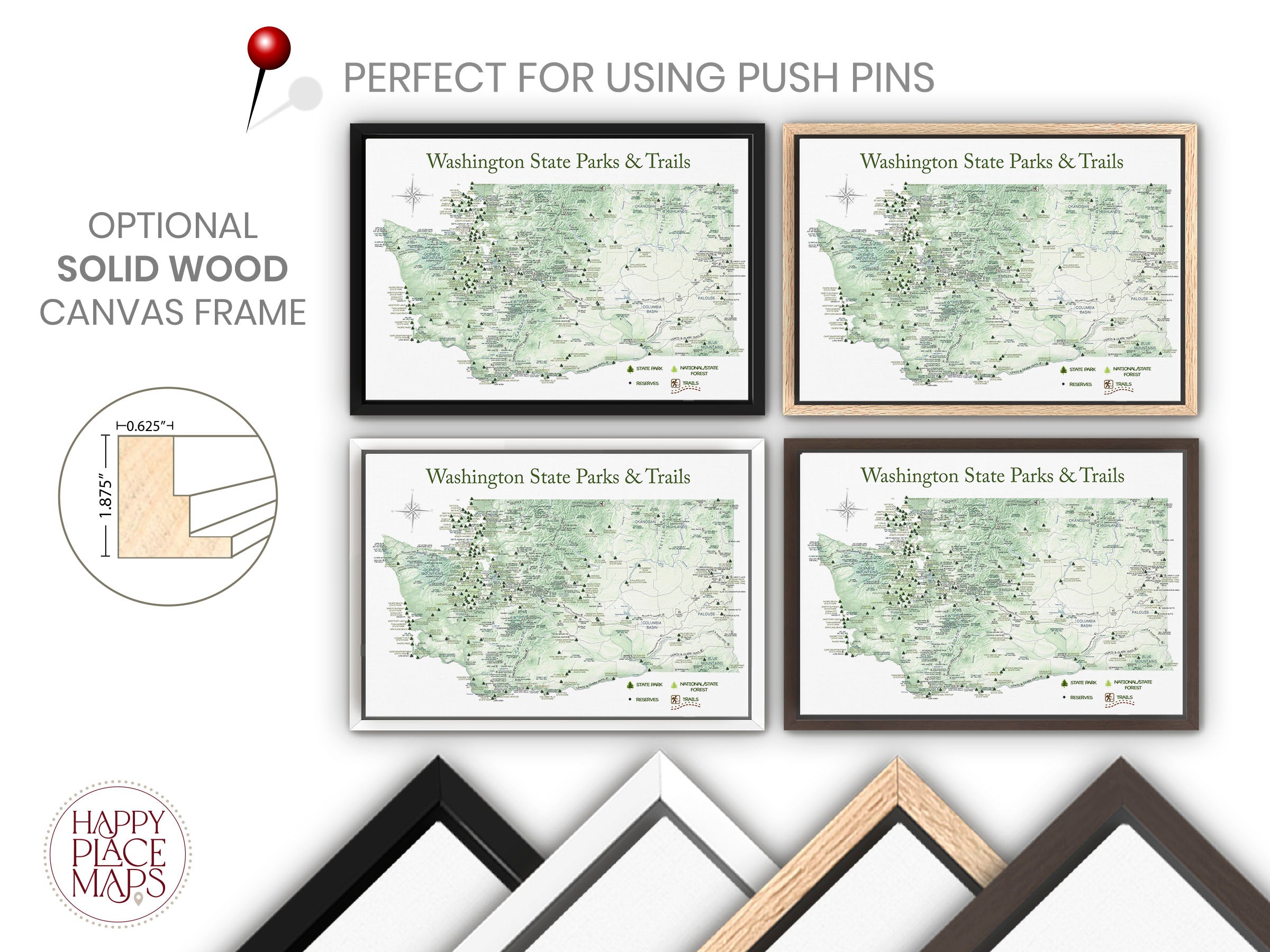 Push Pin Washington Trails Map and State Parks - Gift for Hikers