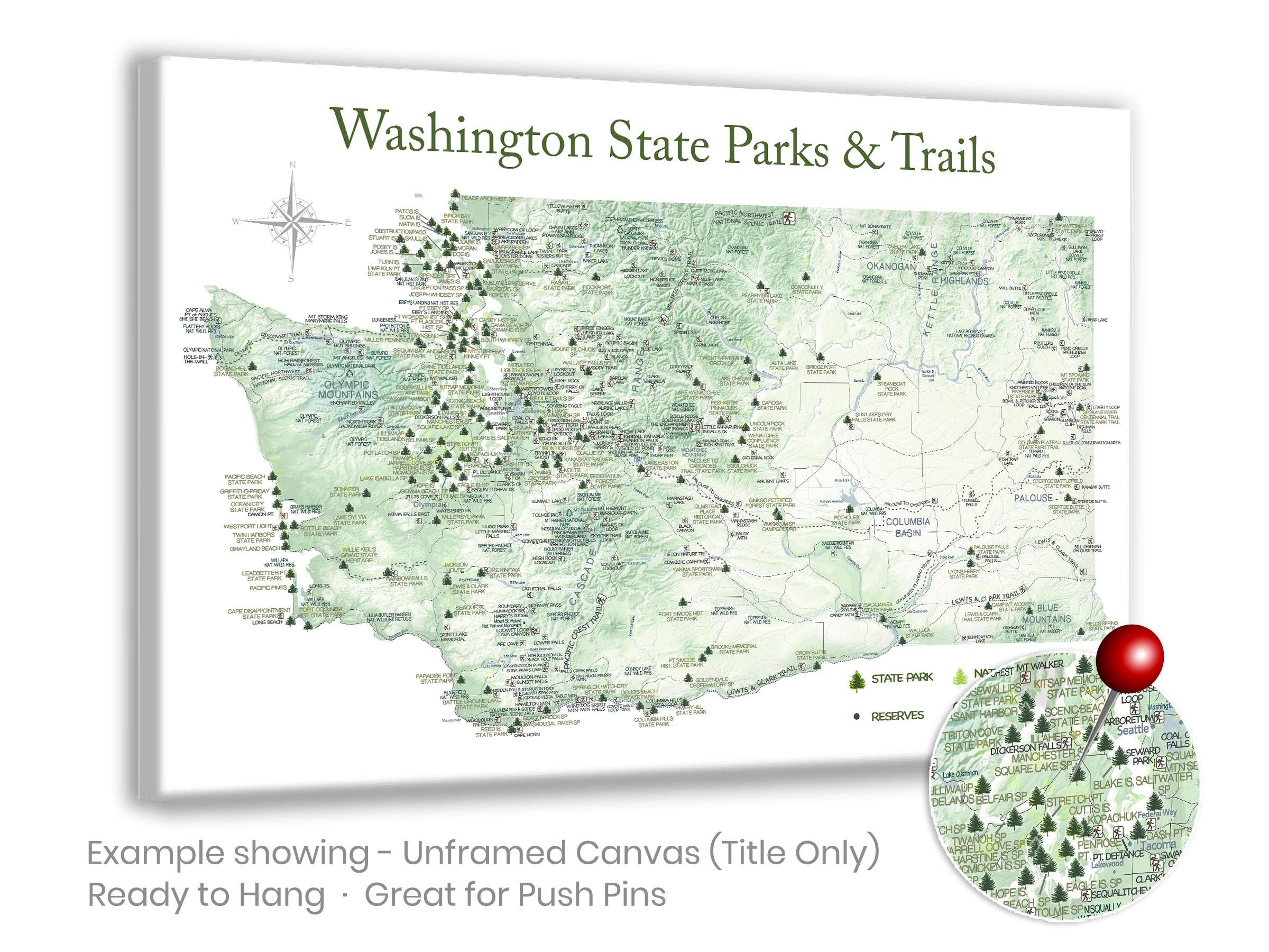 Push Pin Washington Trails Map and State Parks - Gift for Hikers