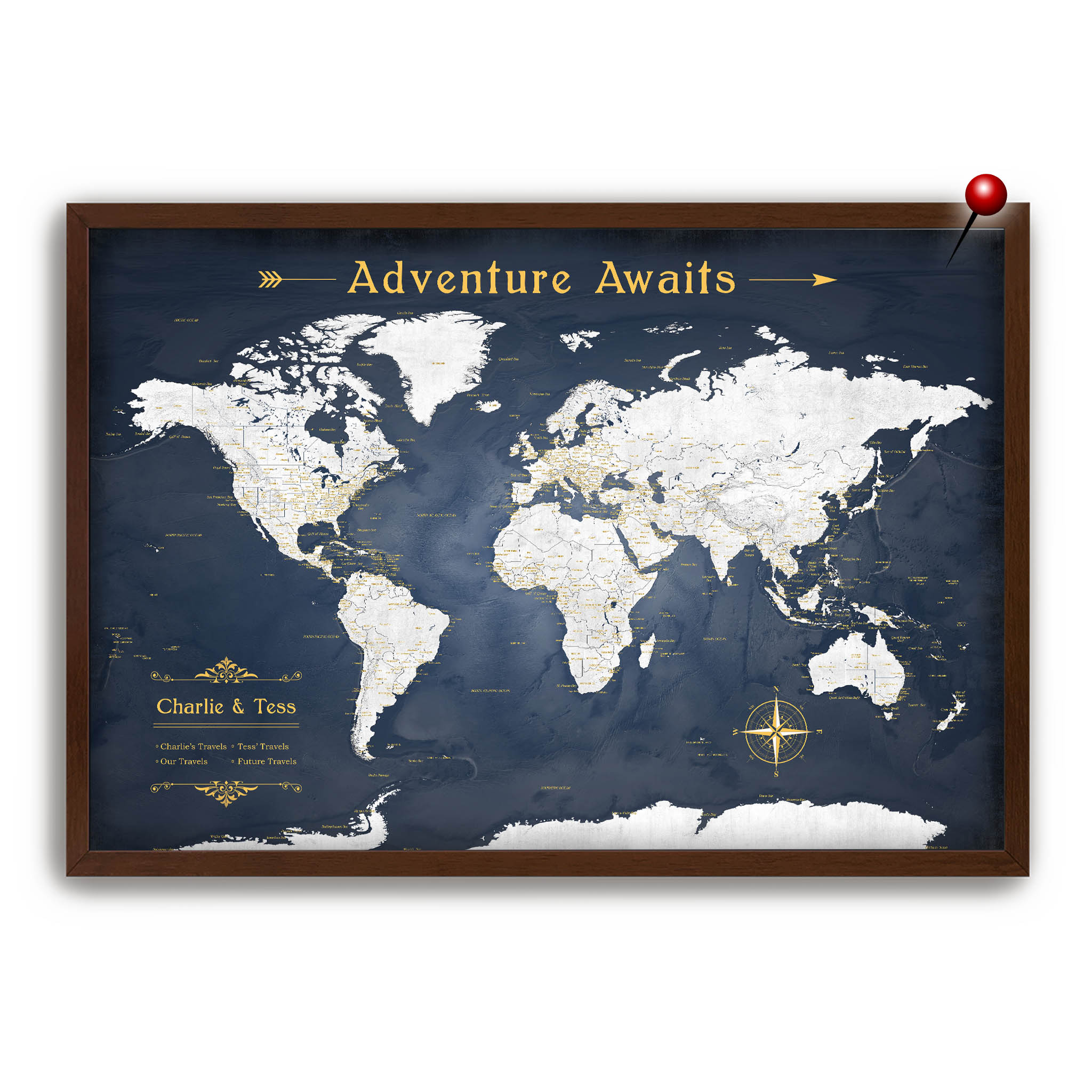  Adventure Awaits World Map in navy and gold with dark wood frame