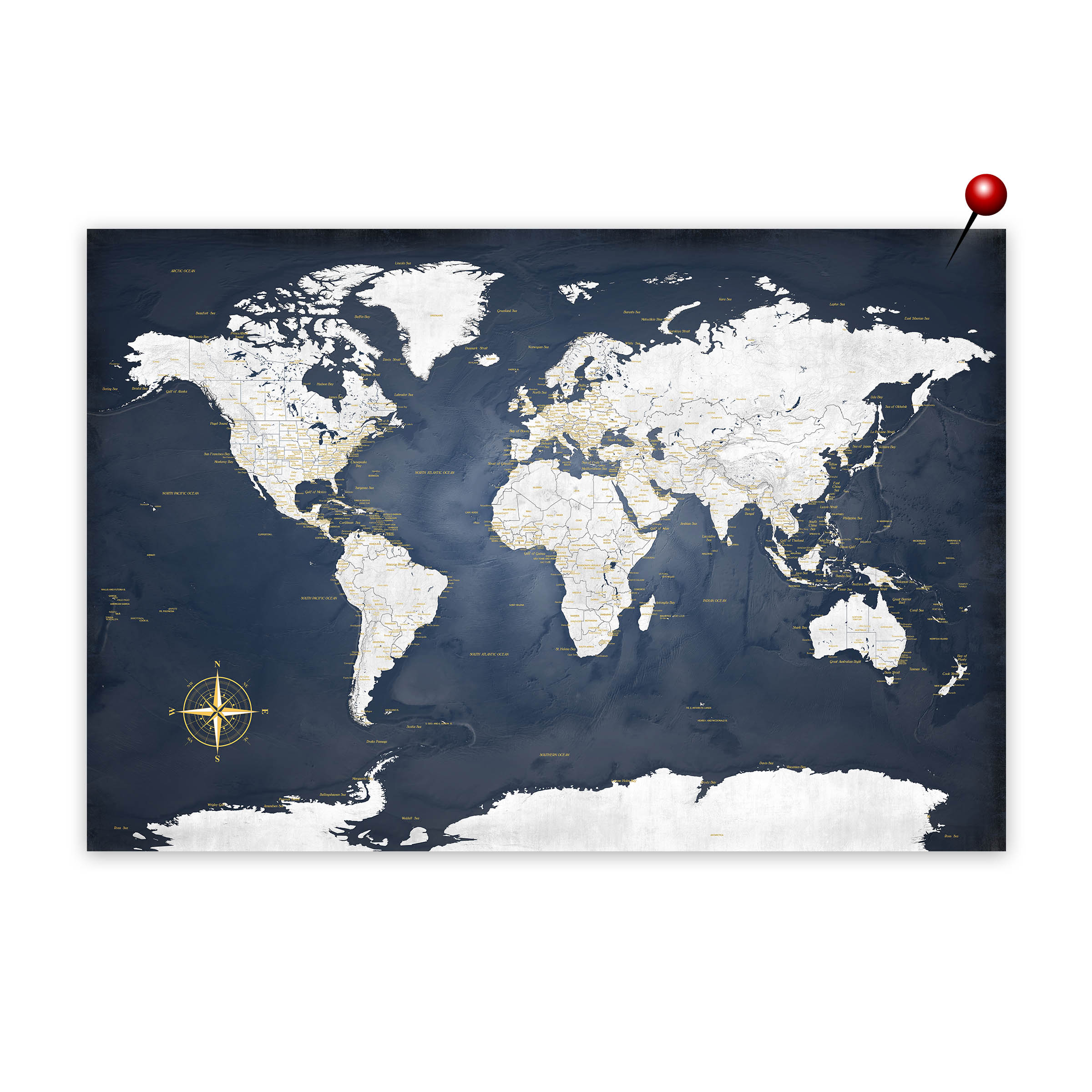 Adventure Awaits World Map wall art in navy and gold