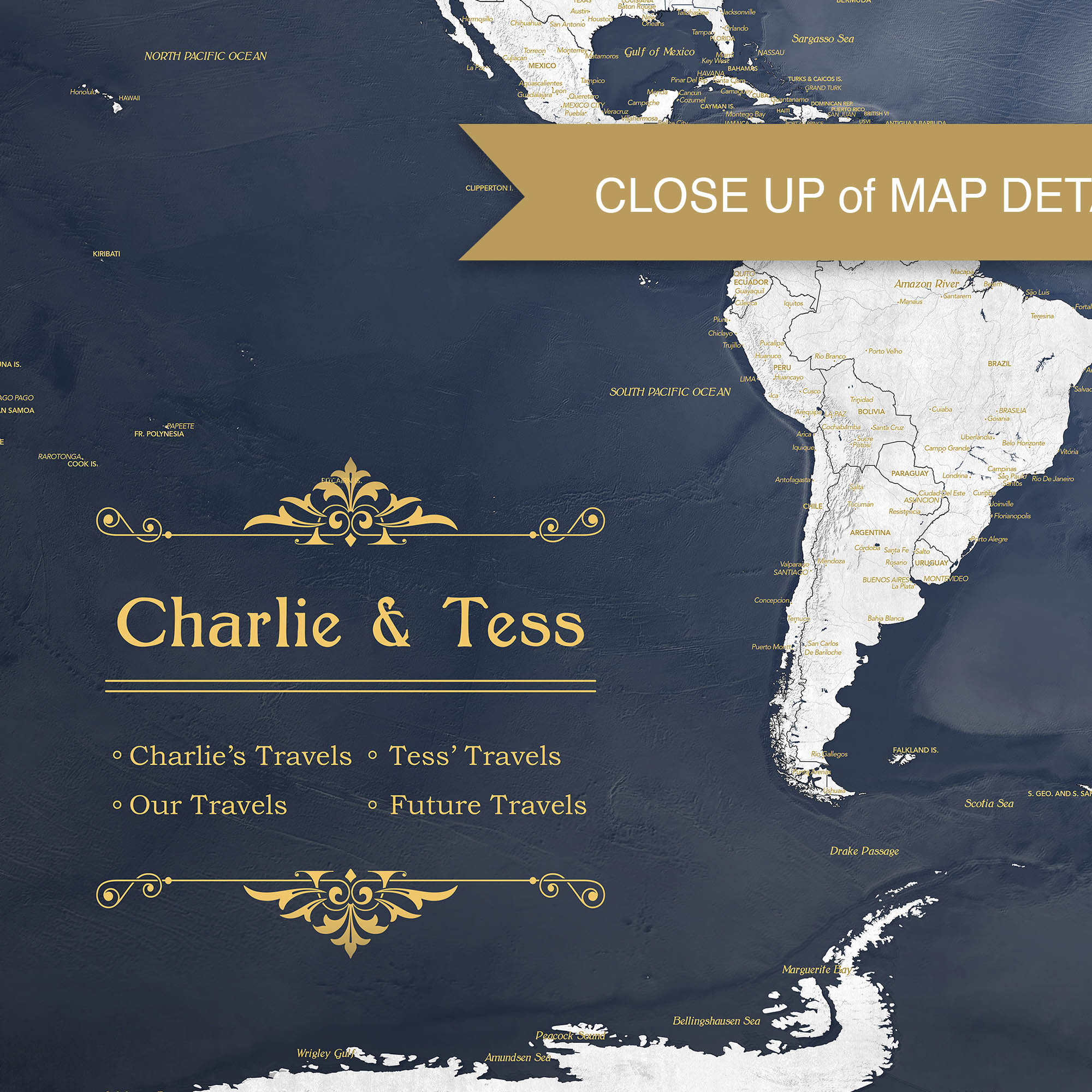 Close-up of Adventure Awaits World Map features in navy and gold
