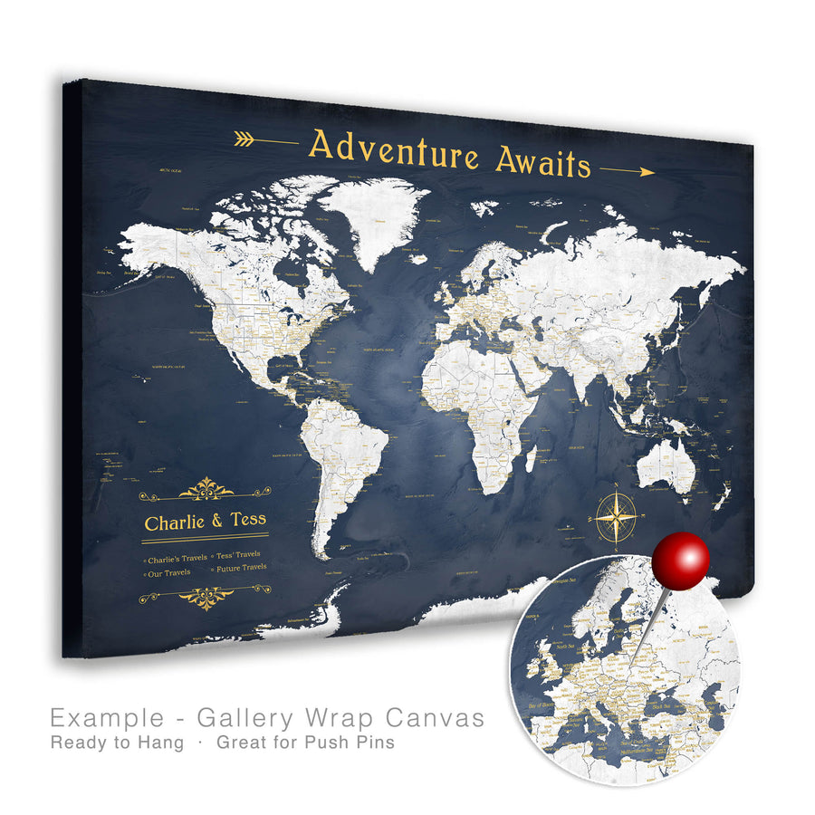 navy and gold world map wall art for pins