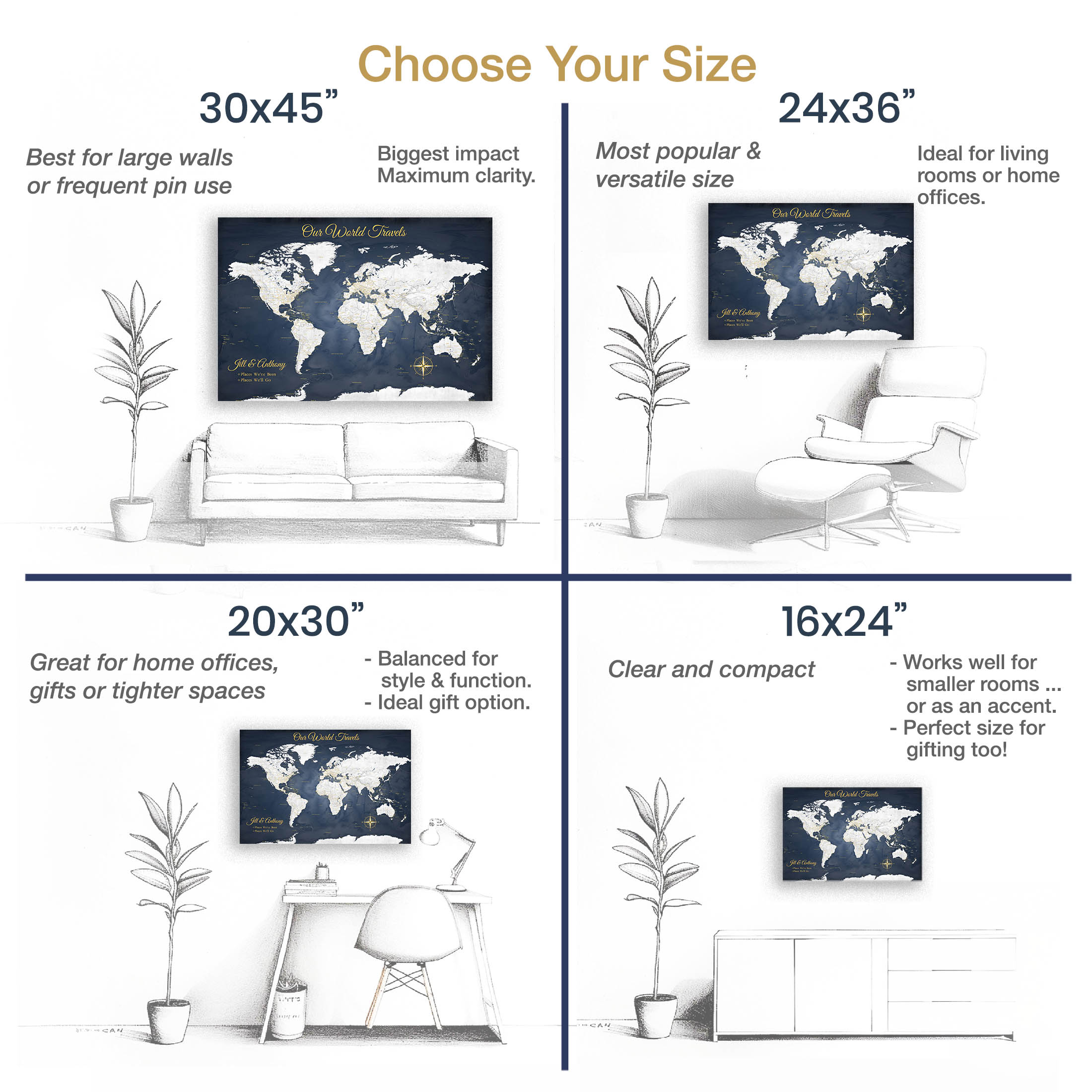Size guide showing Adventure Awaits World Map navy and gold