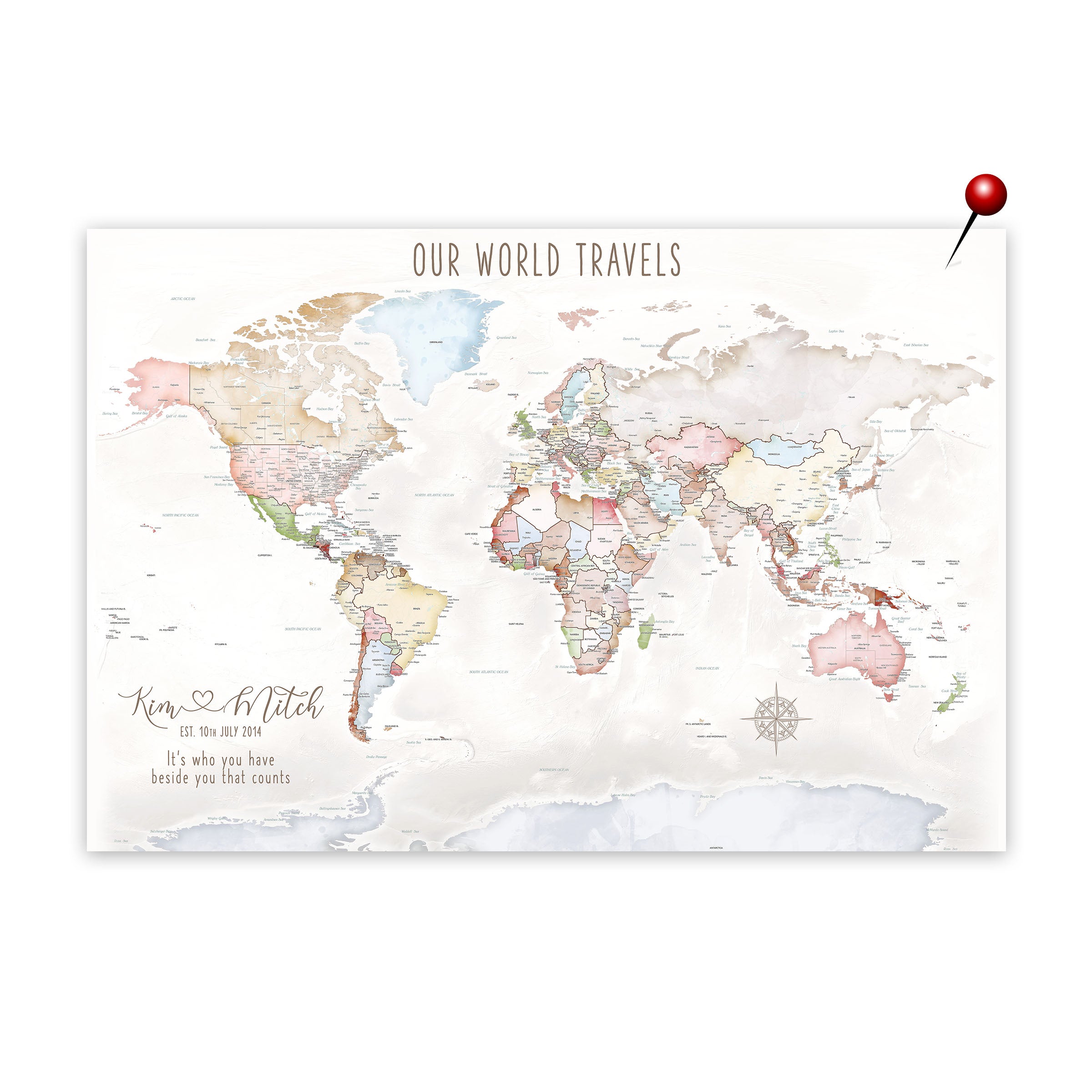 Pastel world anniversary map printed on gallery-wrap canvas, ready to hang.