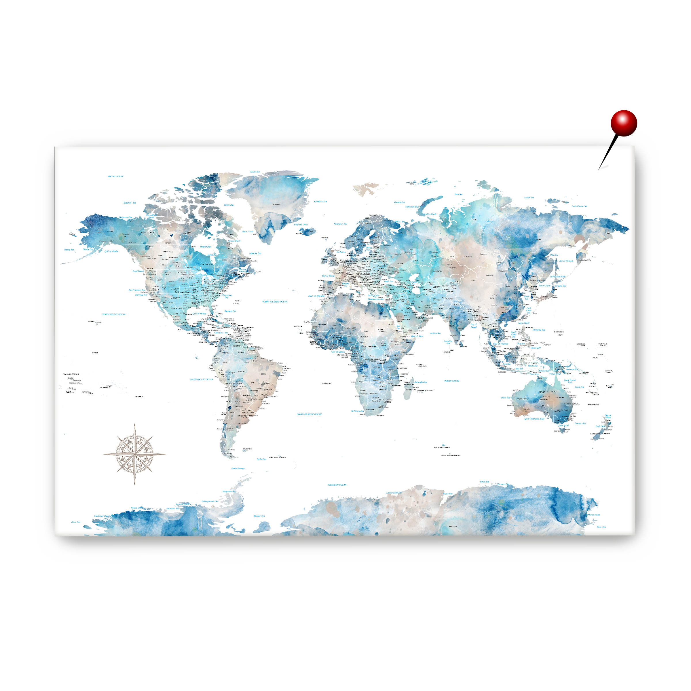 World map with watercolor texture, pinned location, and compass on a white background
