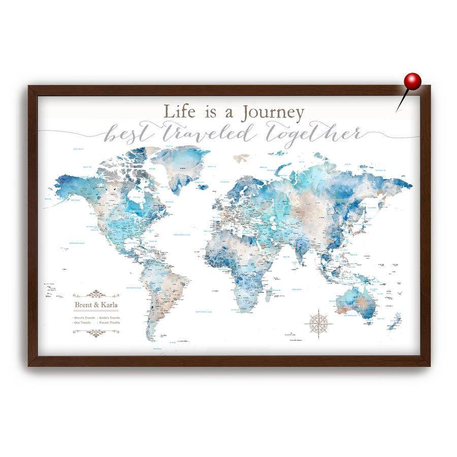 world map push pin map in blue painterly style on white background