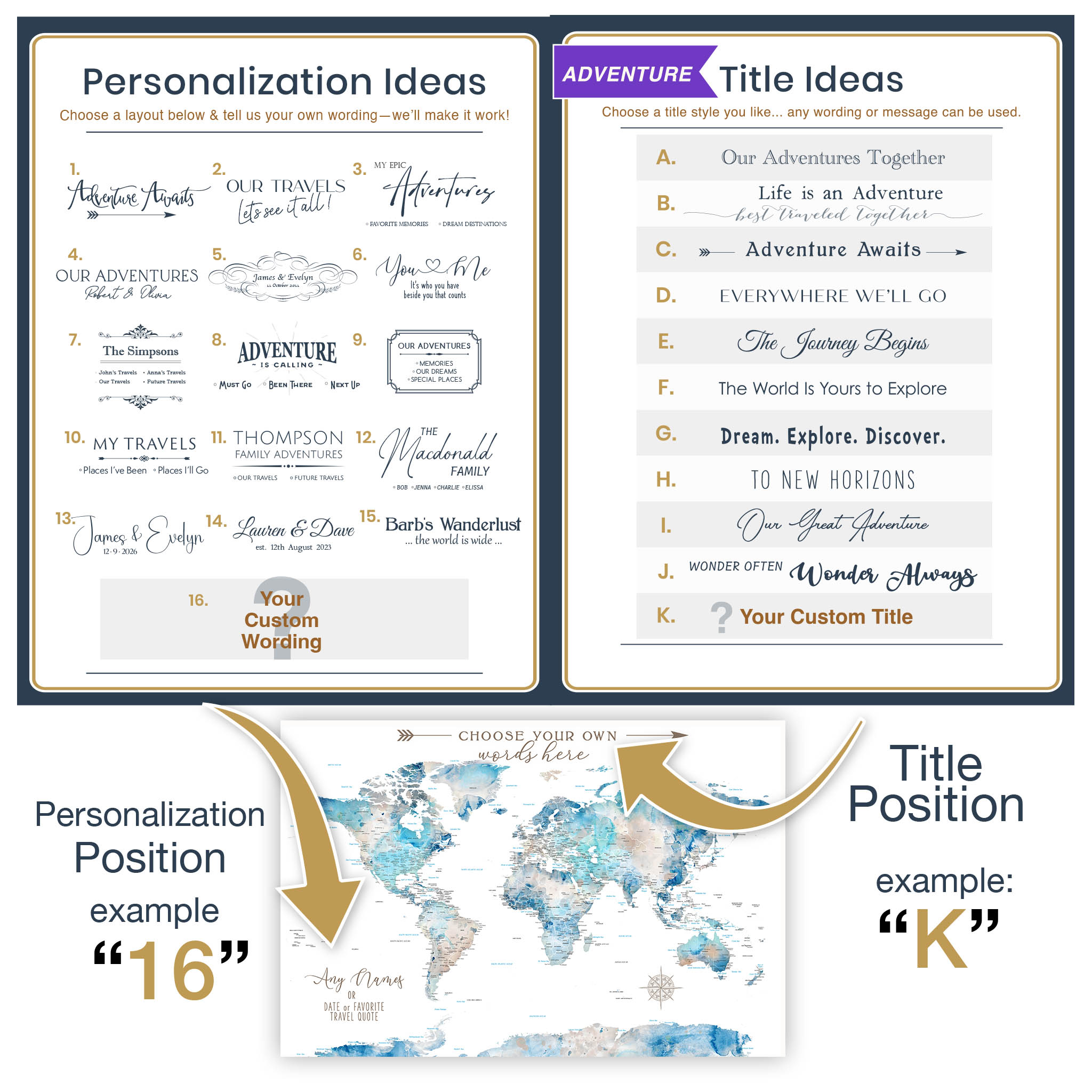 Personalization options for a product with title ideas and world map example.