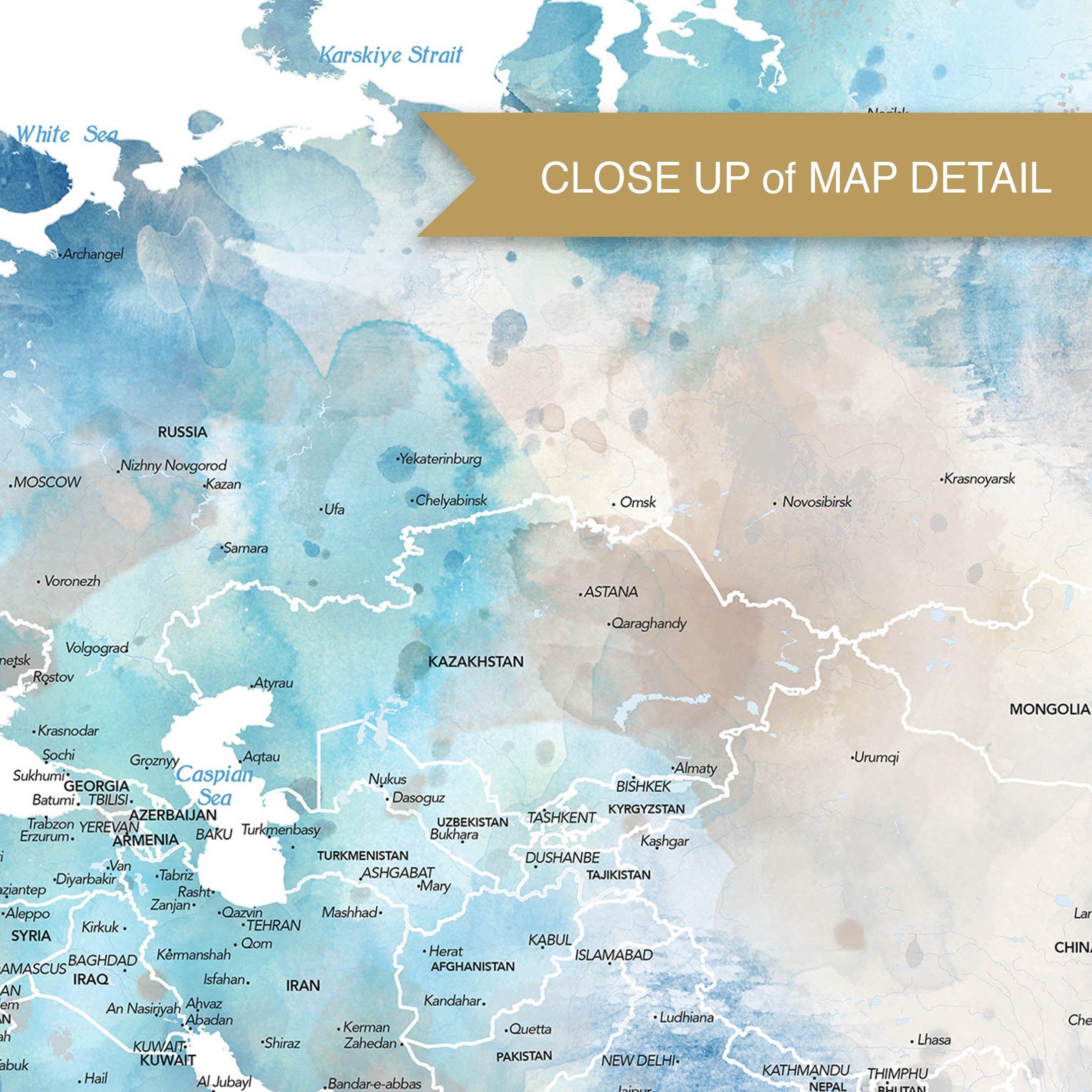 Close-up details of blue watercolor world travel couple map gift.
