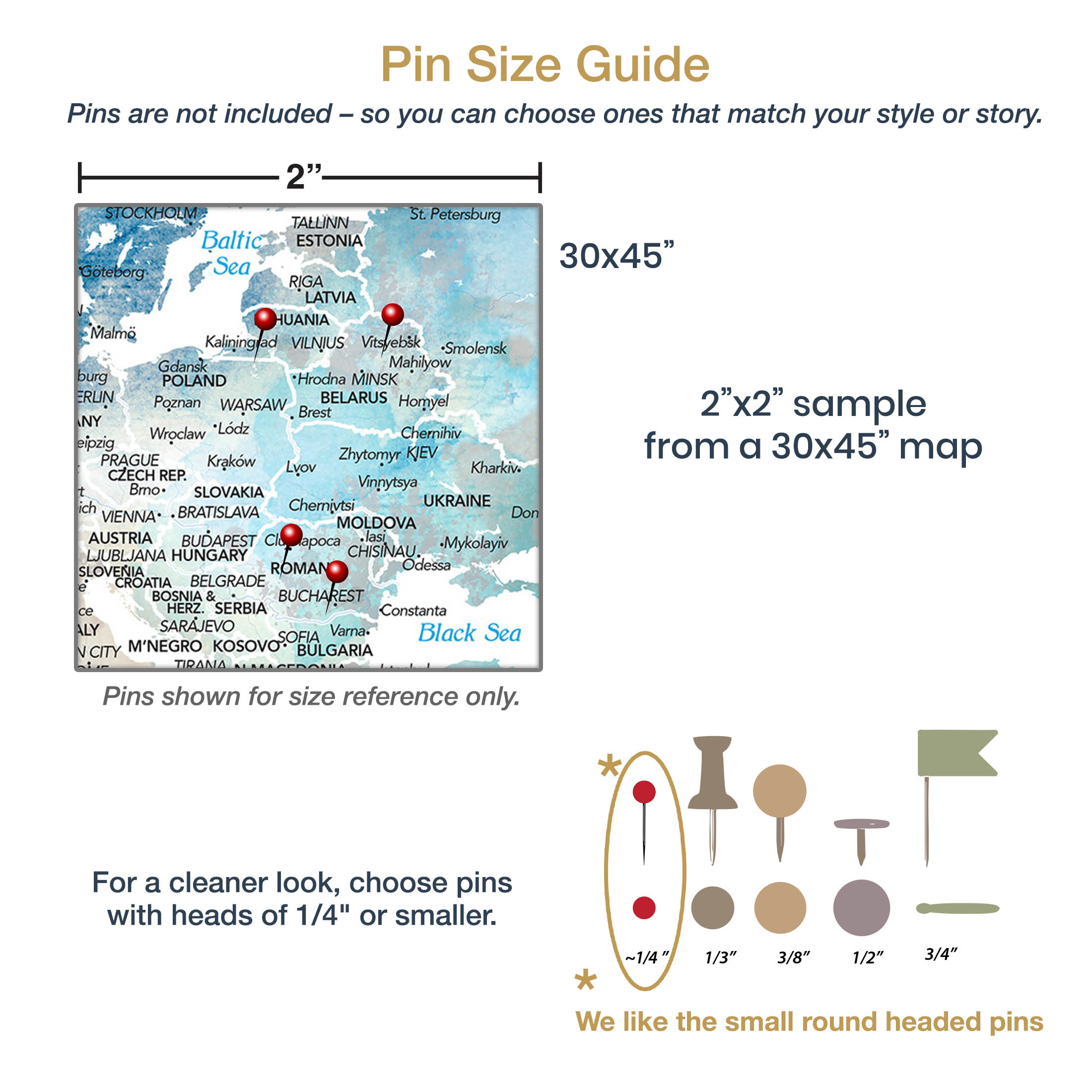 Map of world with location markers and pin size guide on a white background