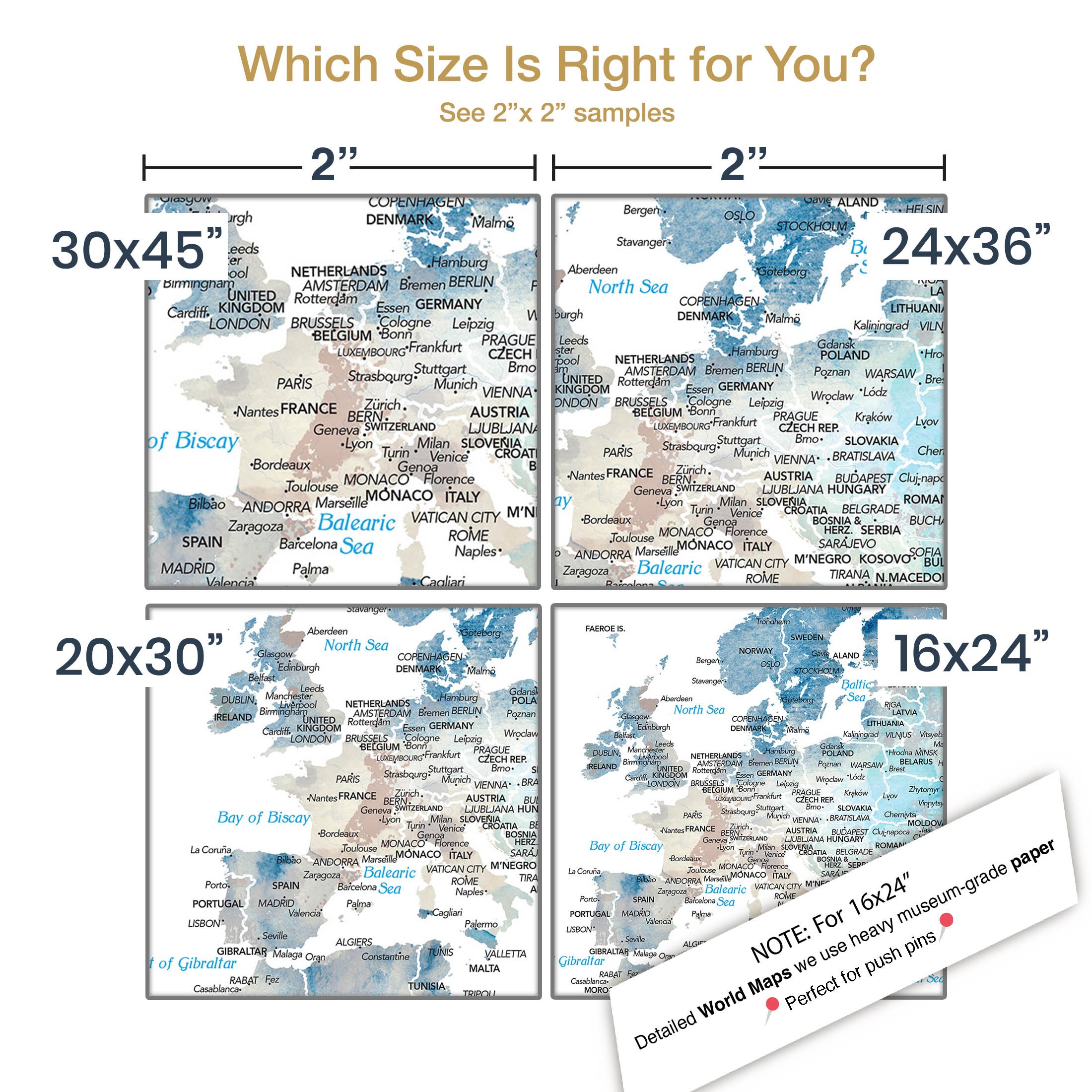 Second size guide showing blue watercolor world travel couple map gift formats