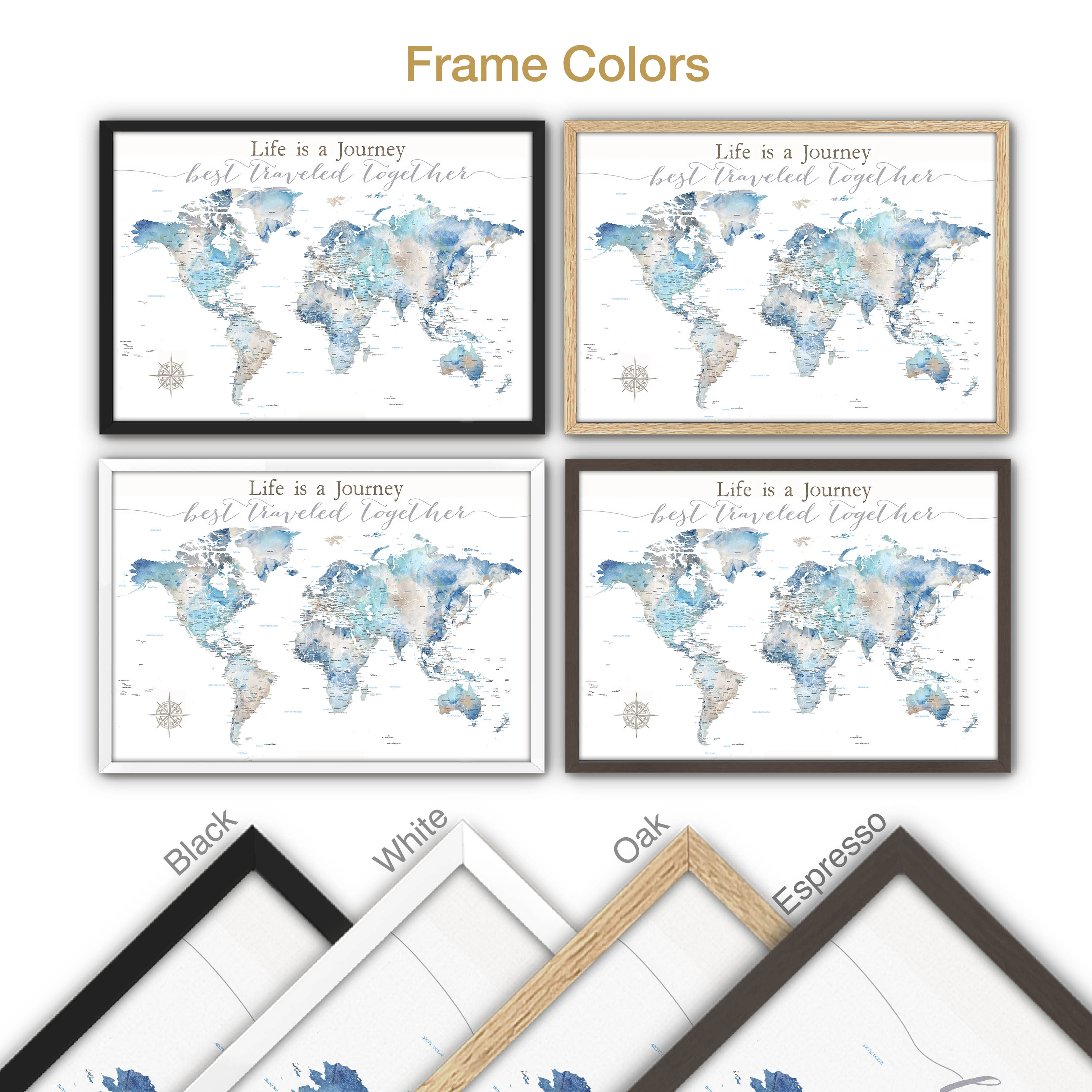 Blue World map push pin maps with various frame color options displayed.