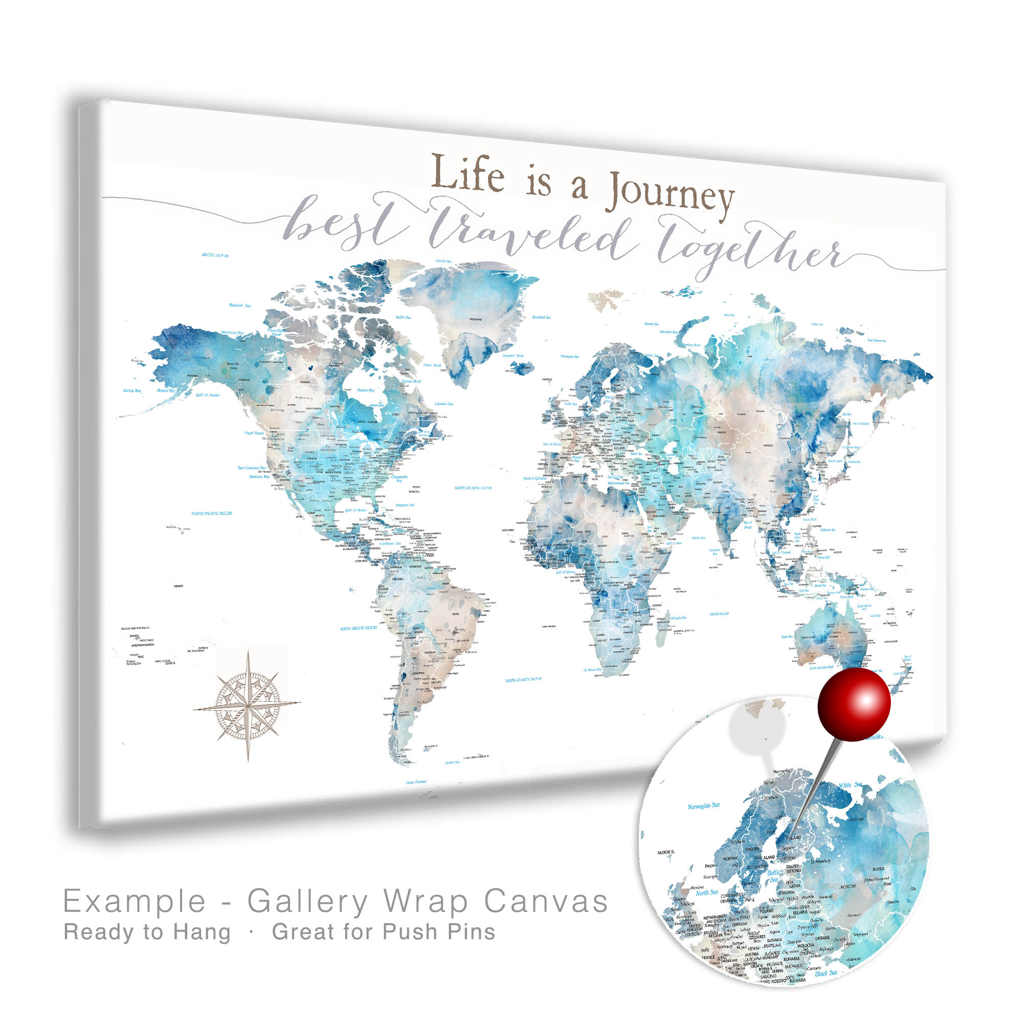 Front view of personalized world couples bucket list push pin travel map in gallery wrap canvas