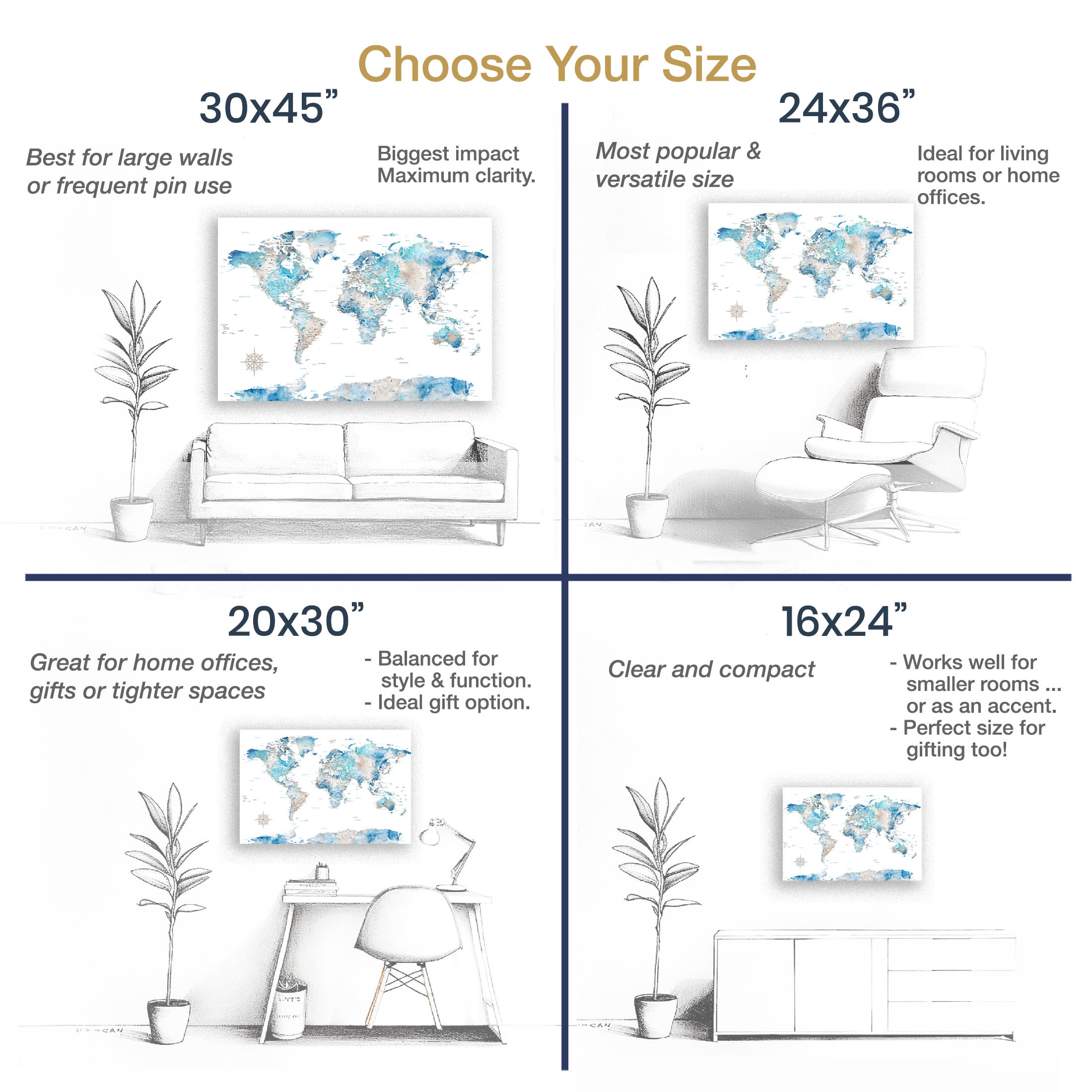 Comparison chart of world map sizes with corresponding room settings for different dimensions.