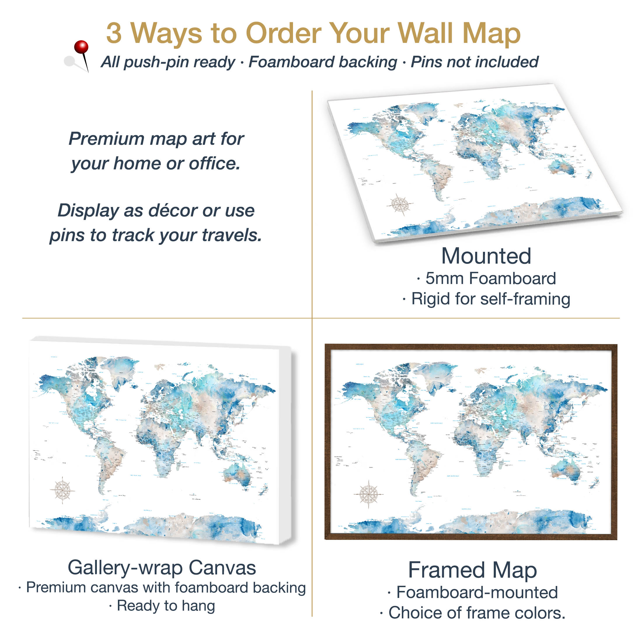 Comparison of frame, gallery wrap, and canvas types for world couples bucket list push pin map