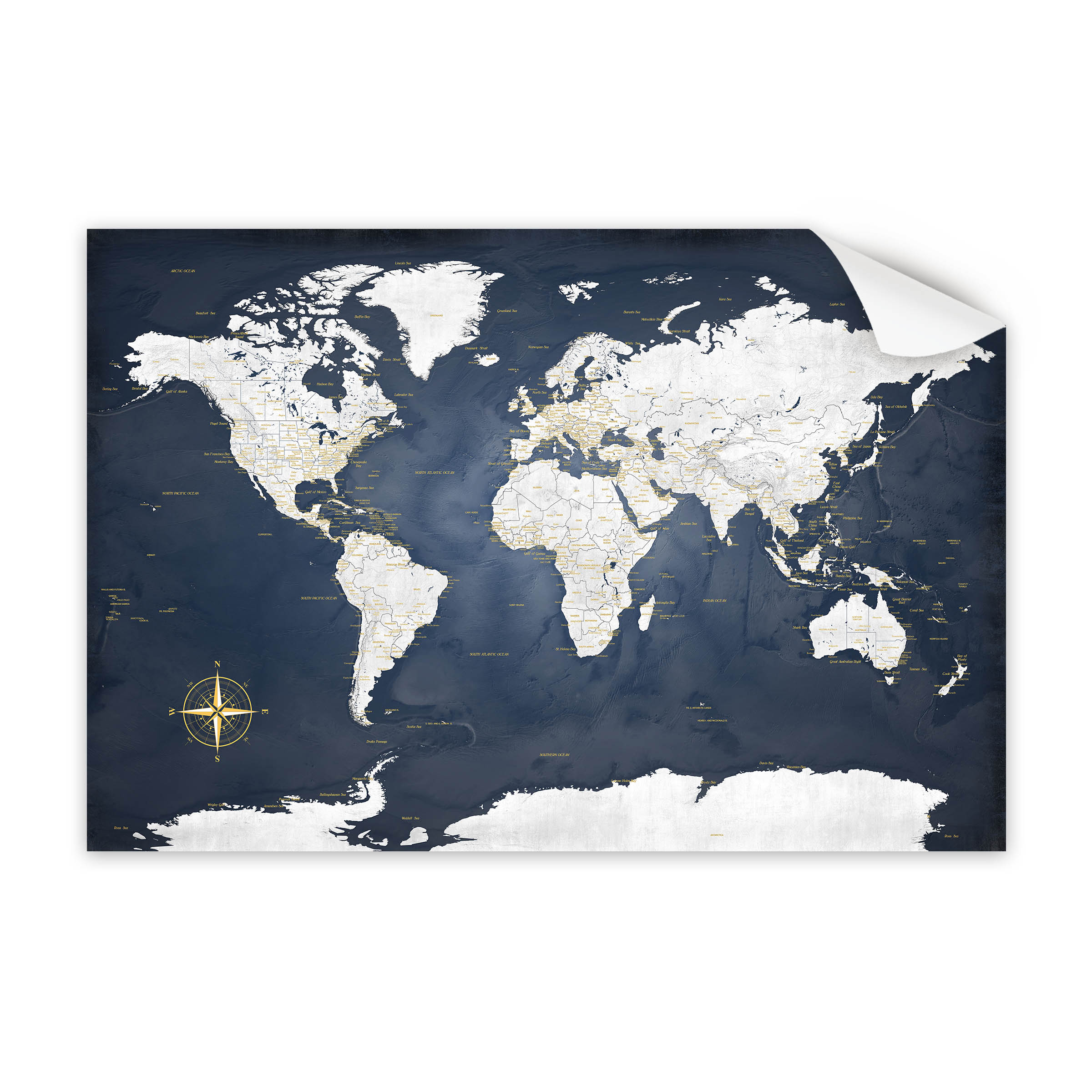 World map with a compass on a dark blue background