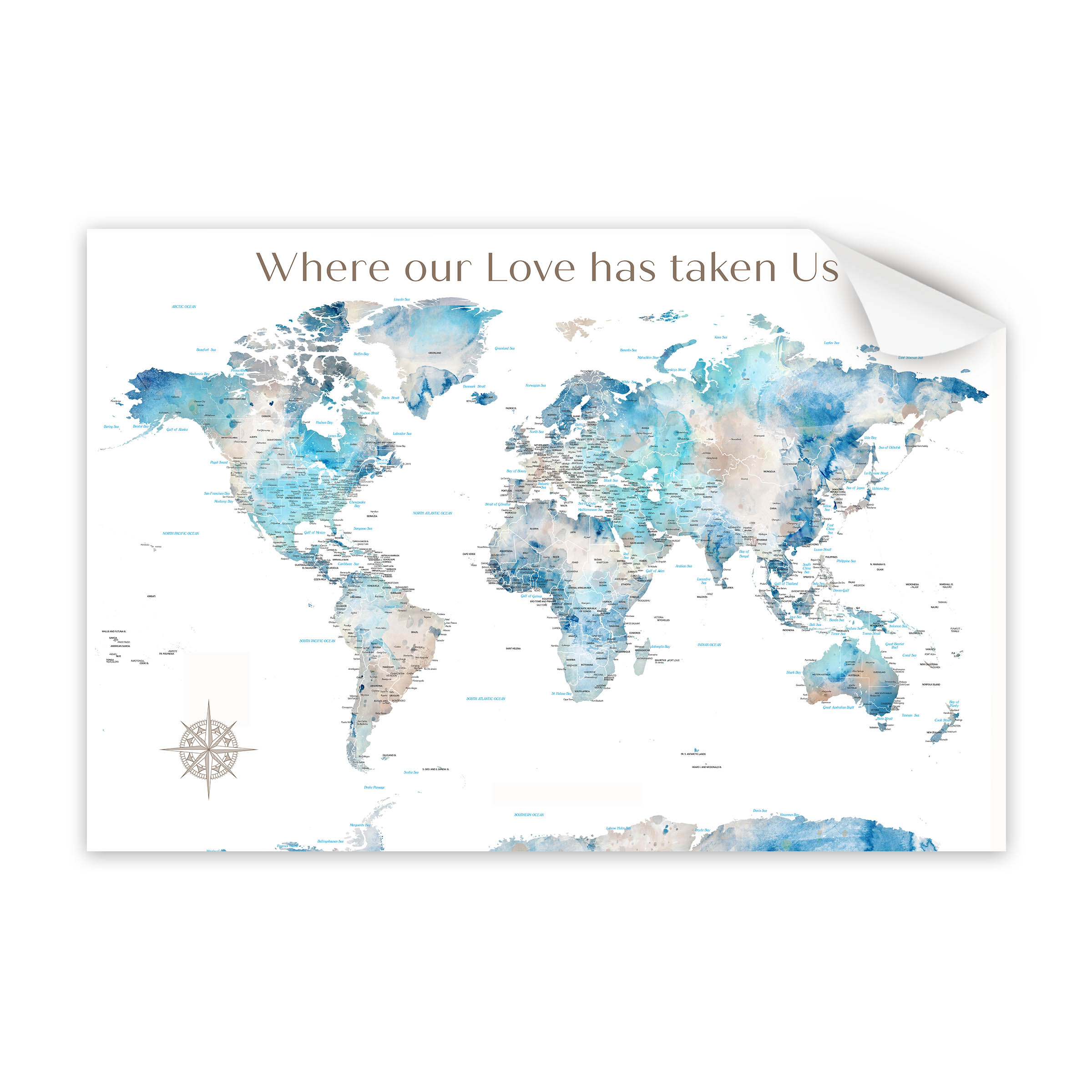 World map with watercolor design and text 'Where our Love has taken Us' on a white background