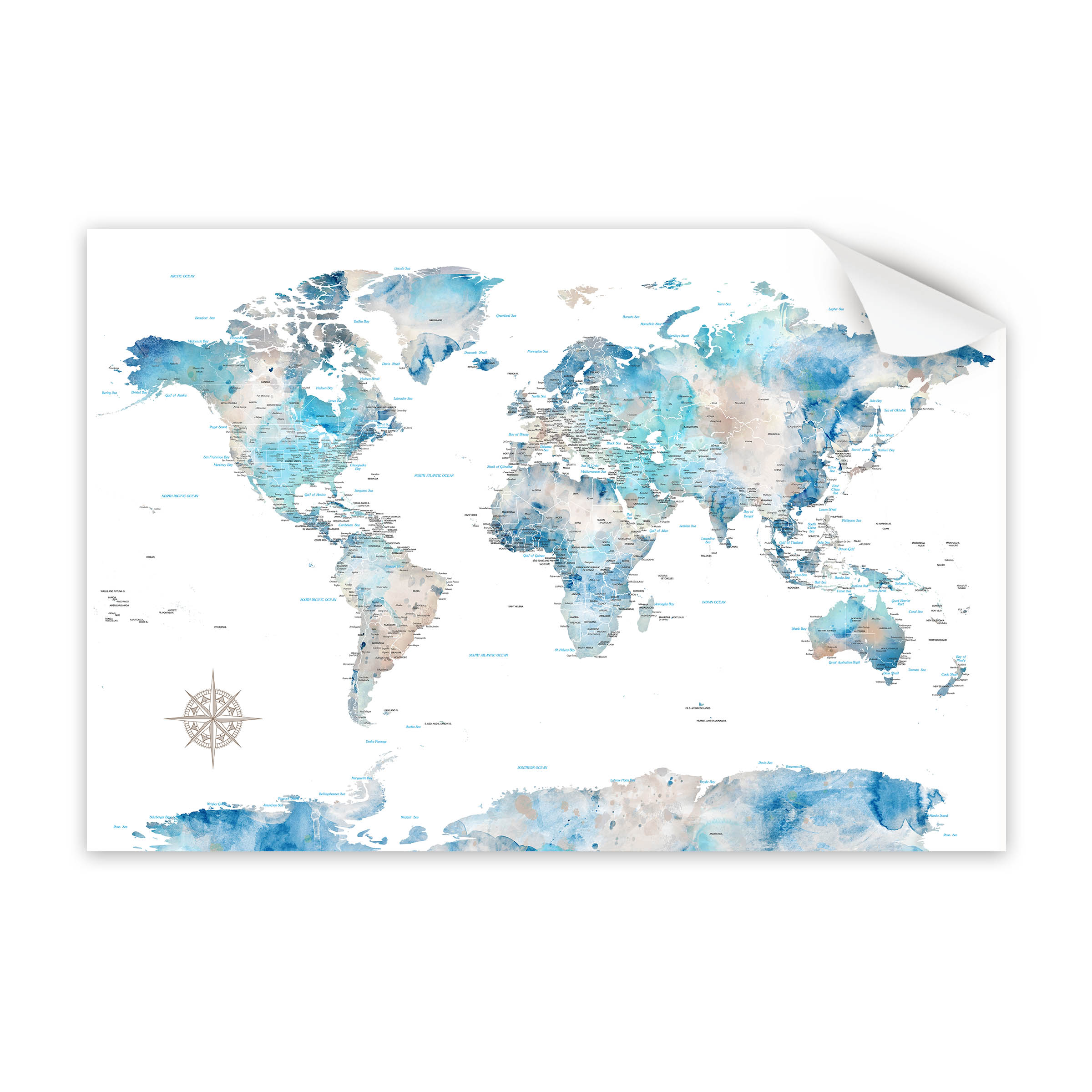 World map print in blue watercolor style shown in full view