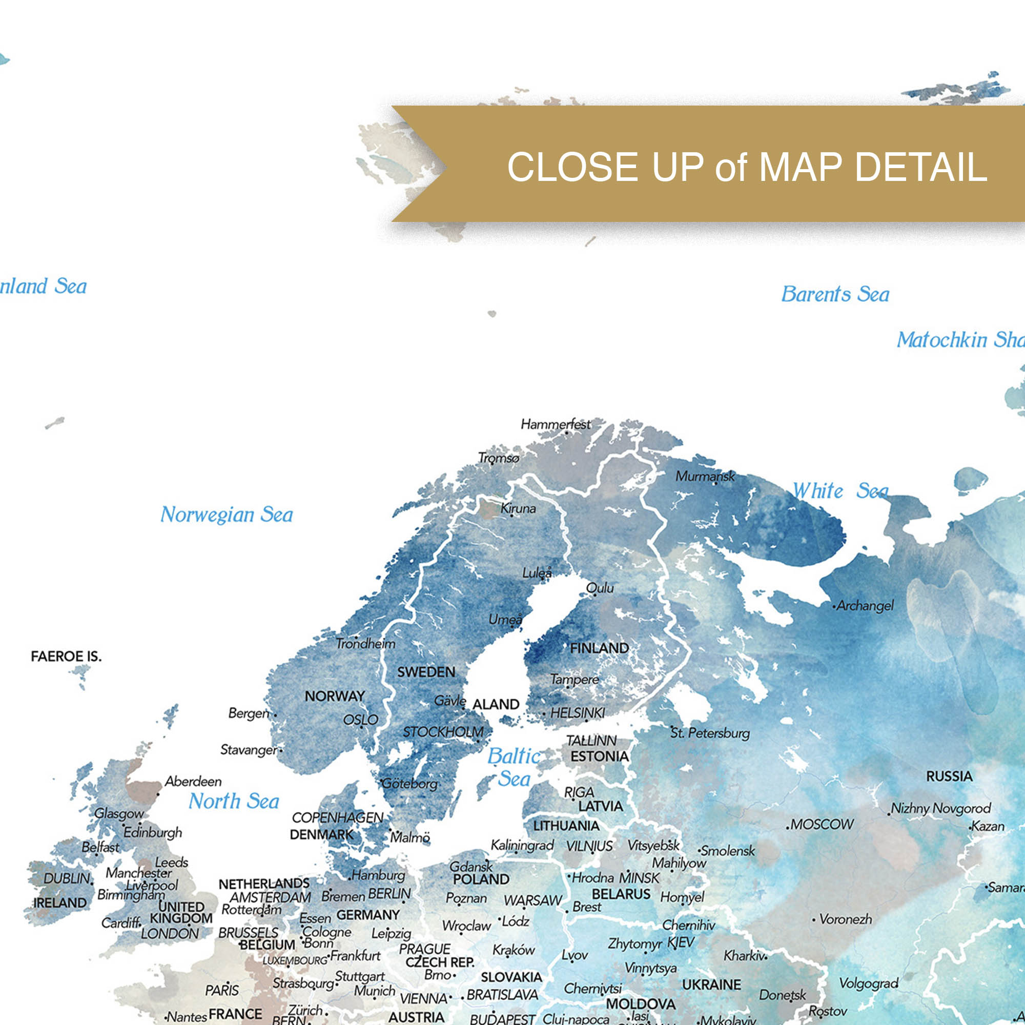 Close-up of a world map detail showing Europe with watercolor textures.