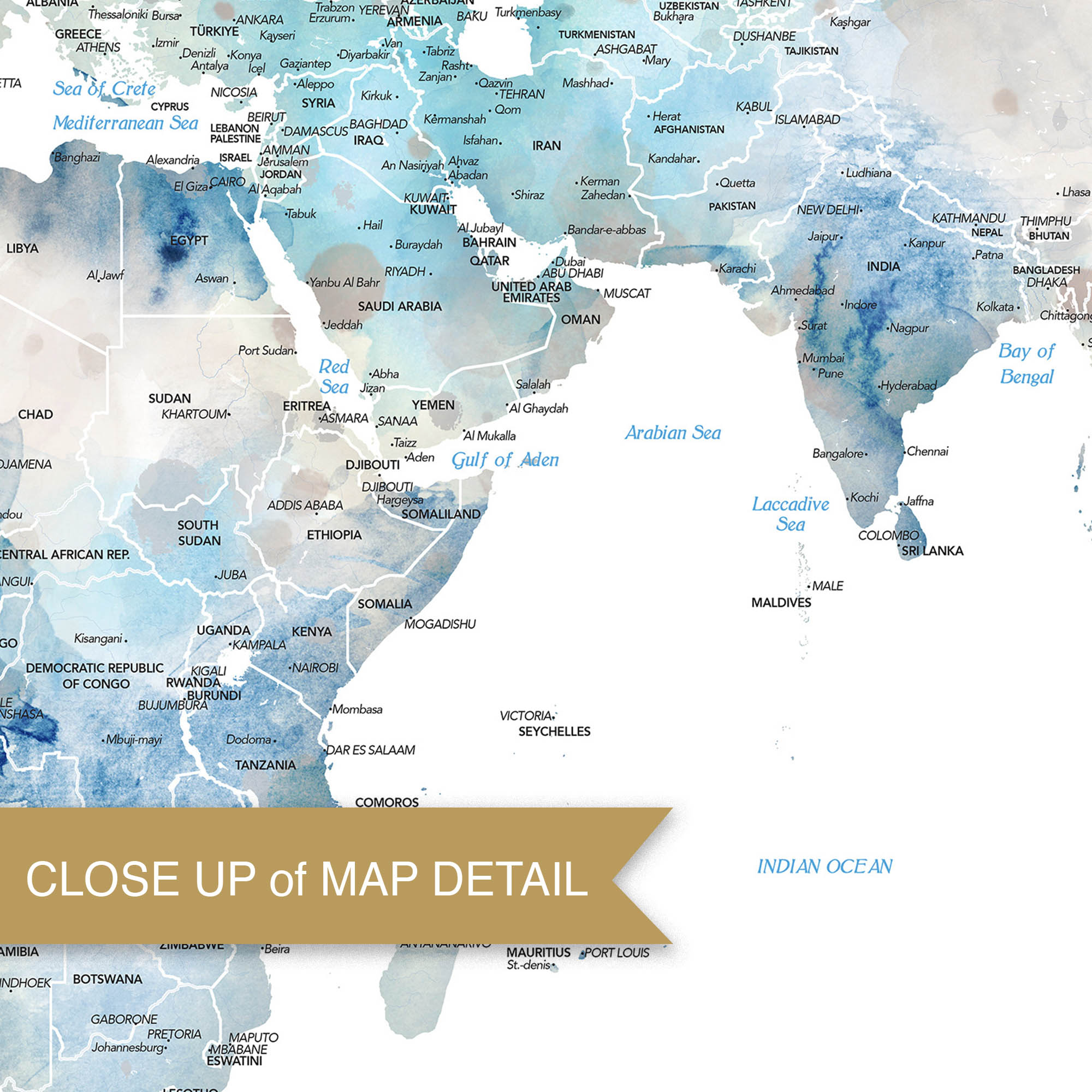 Close-up of a world map with a focus on the Indian Ocean region.