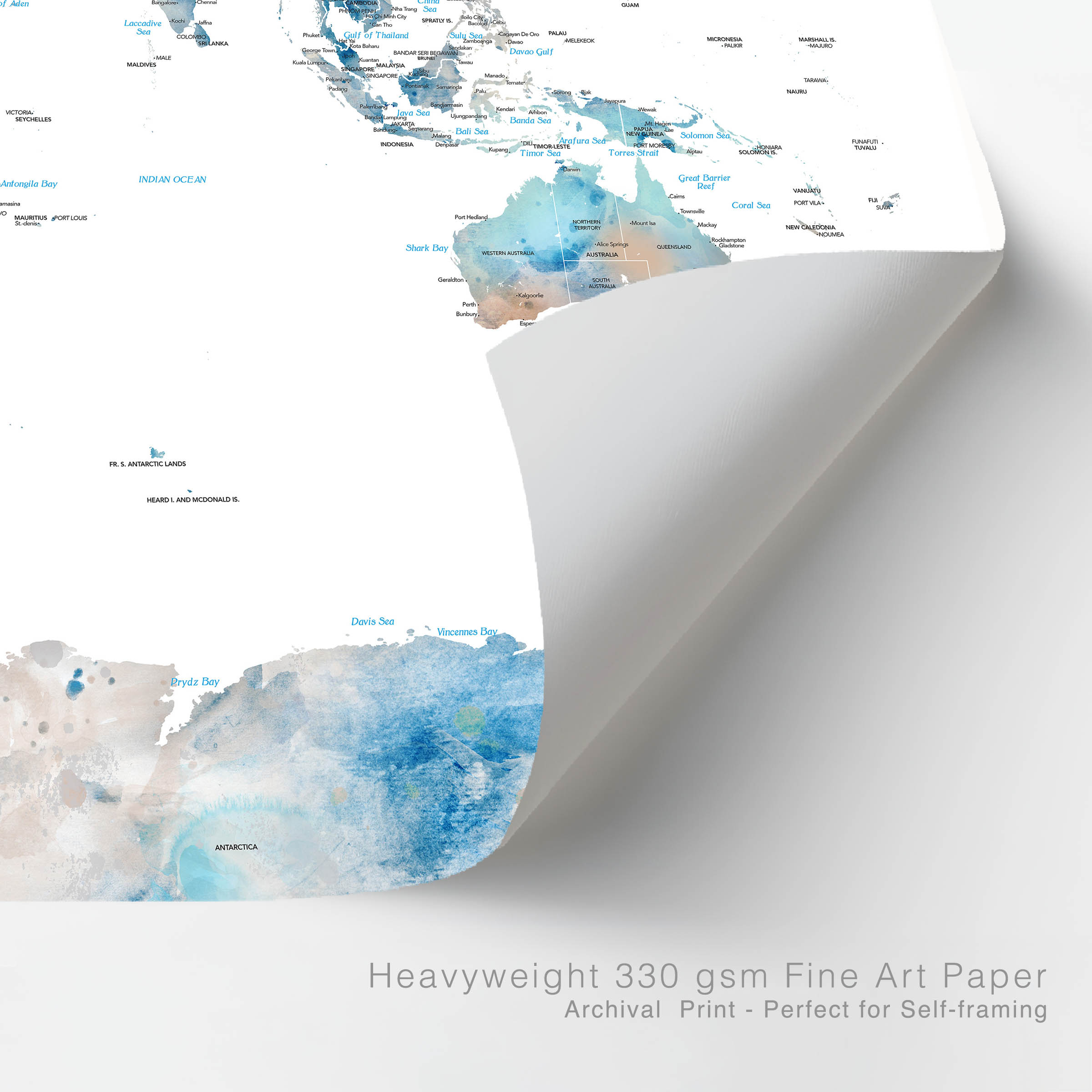 Roll of heavyweight 330 gsm Fine Art Paper with a world map design.