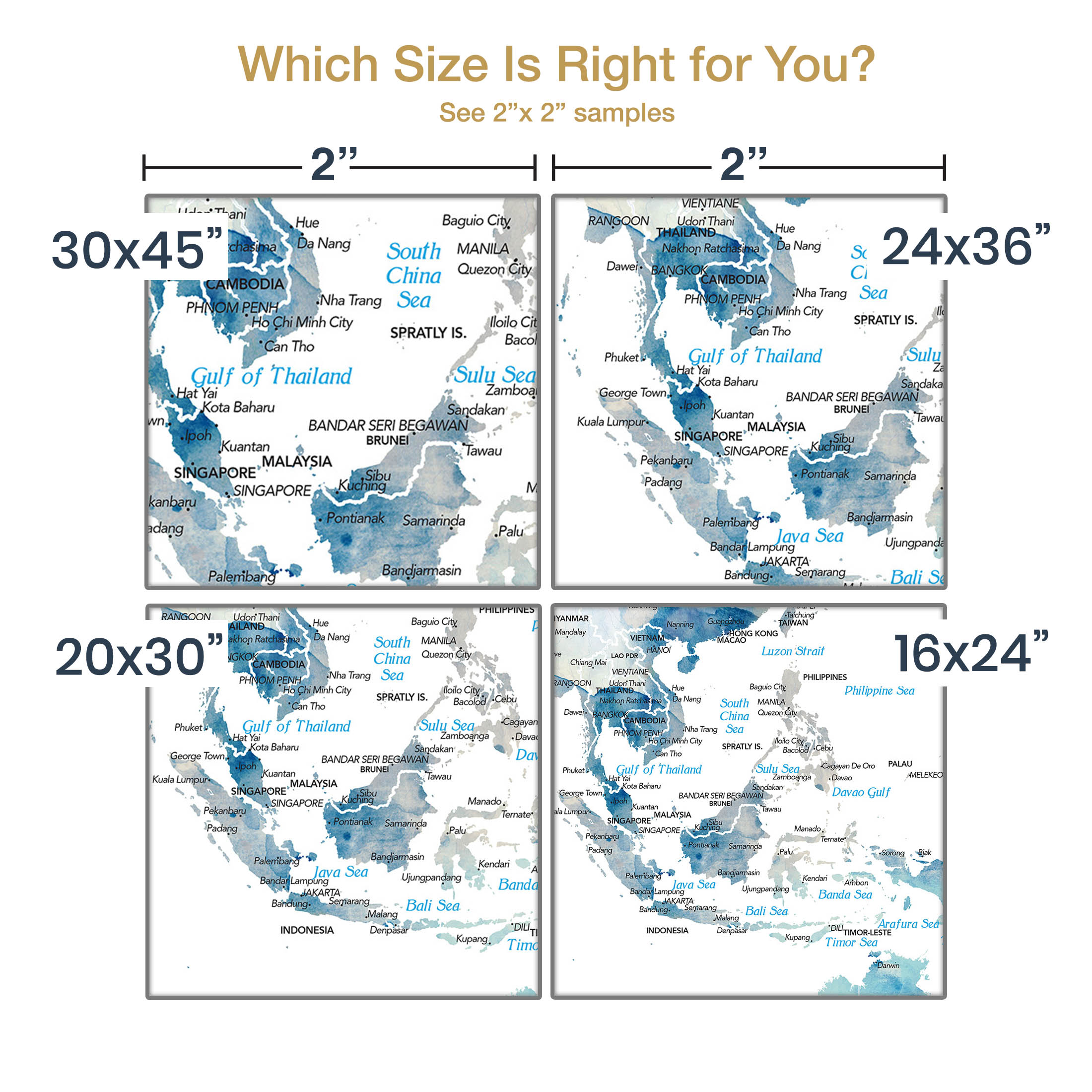 Size guide reference for blue watercolor map print.
