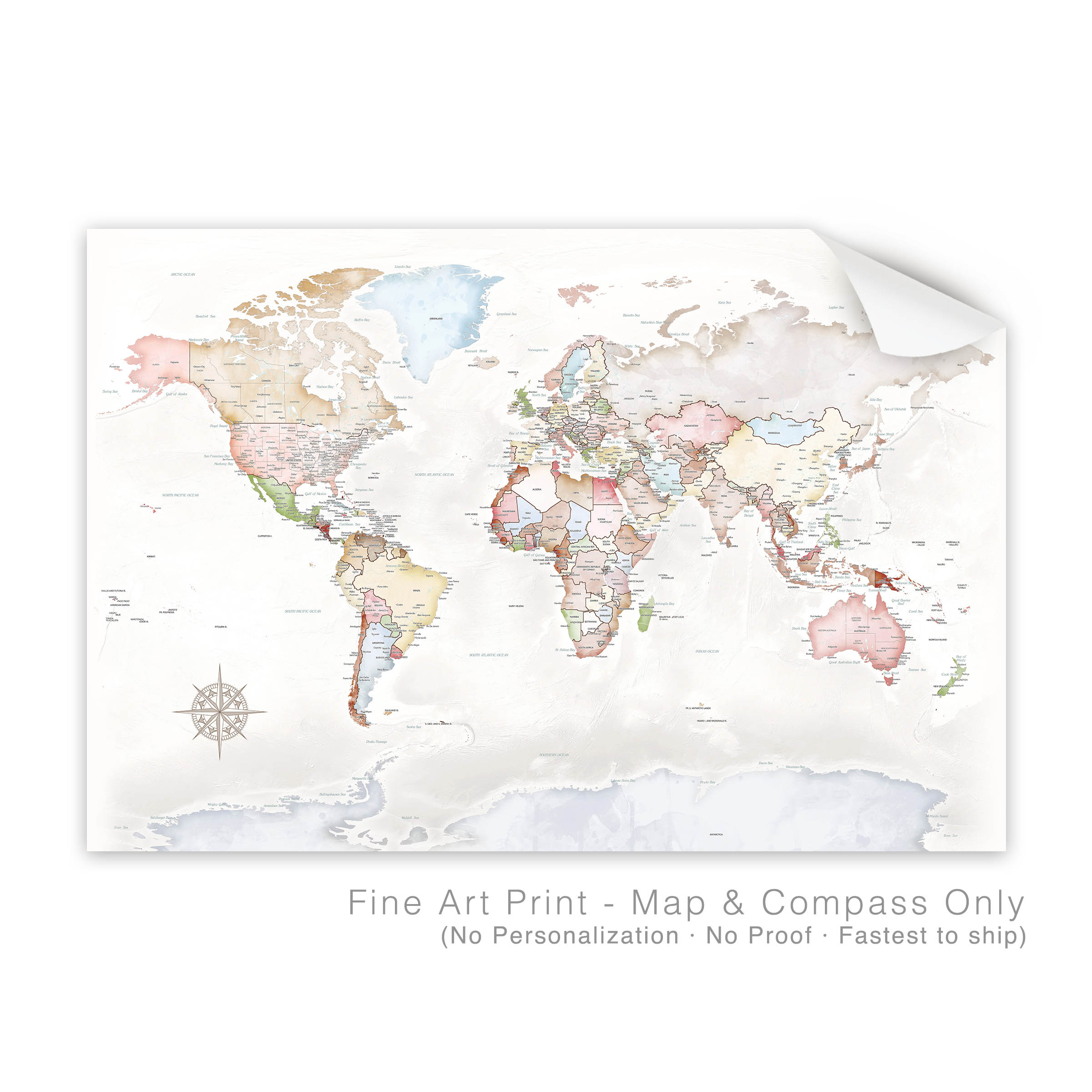 Pastel World Map Poster – Full View of Map in Soft Tones
