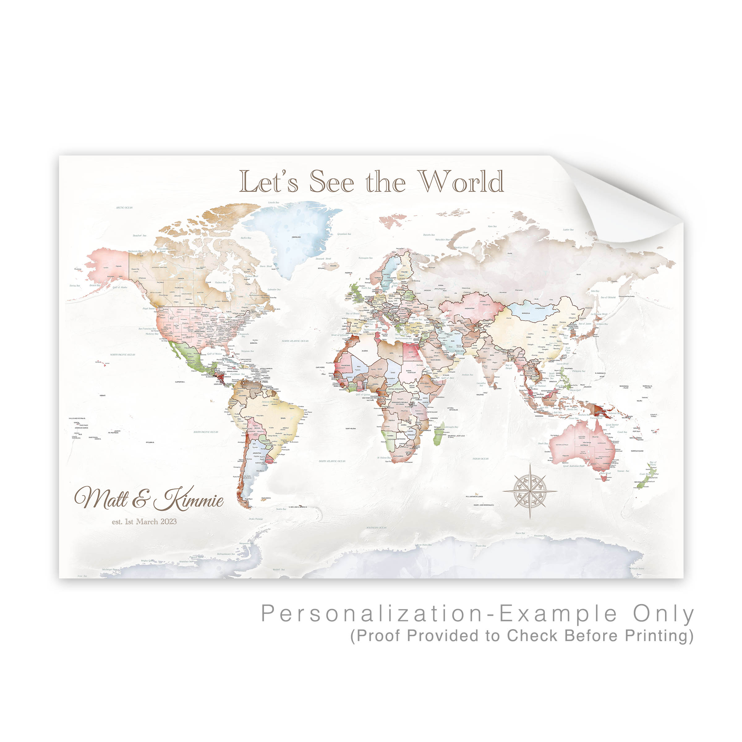Personalized World Map Poster – Pastel Edition with Custom Title Example
