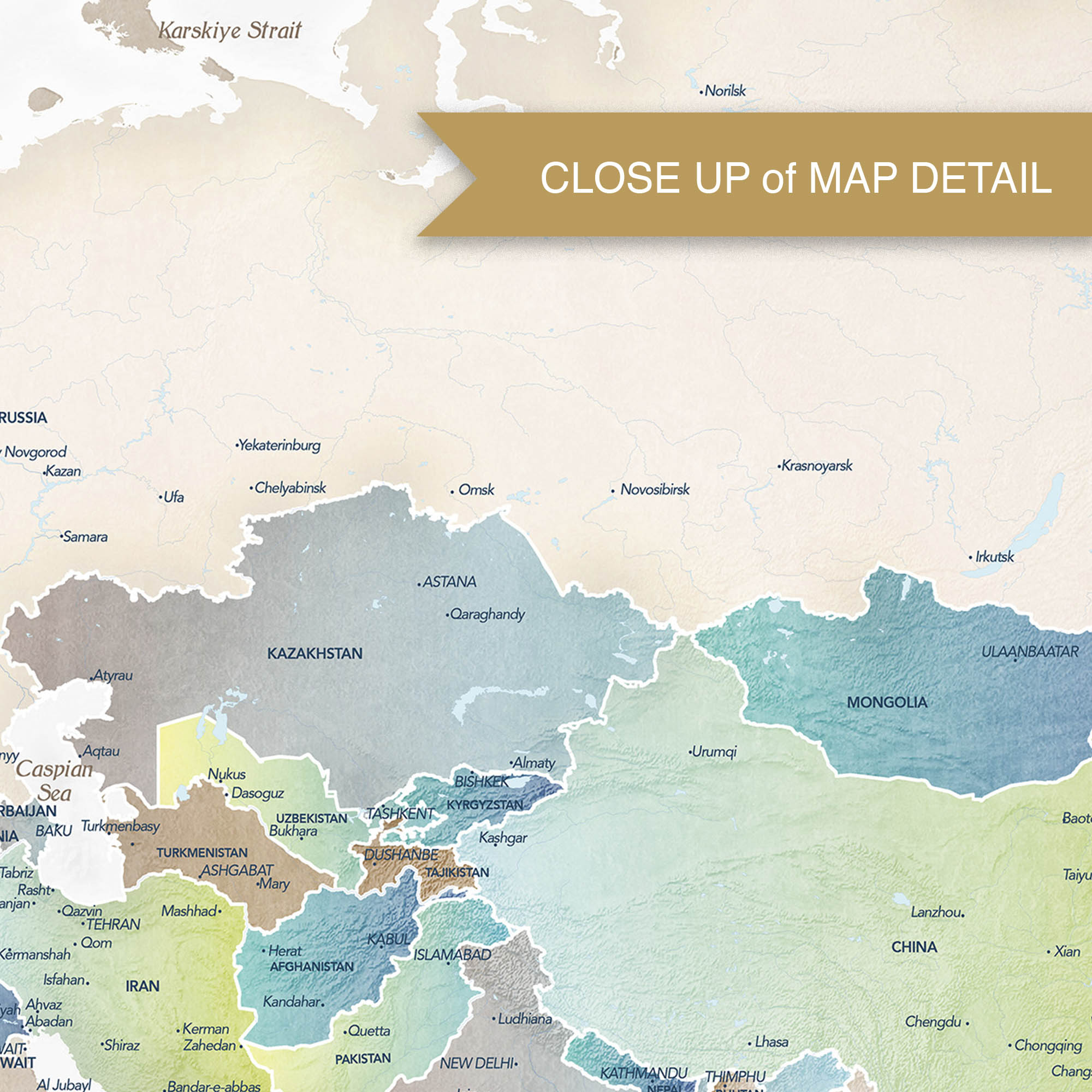 Close-up of a map detail showing countries like Kazakhstan, Mongolia, and China.