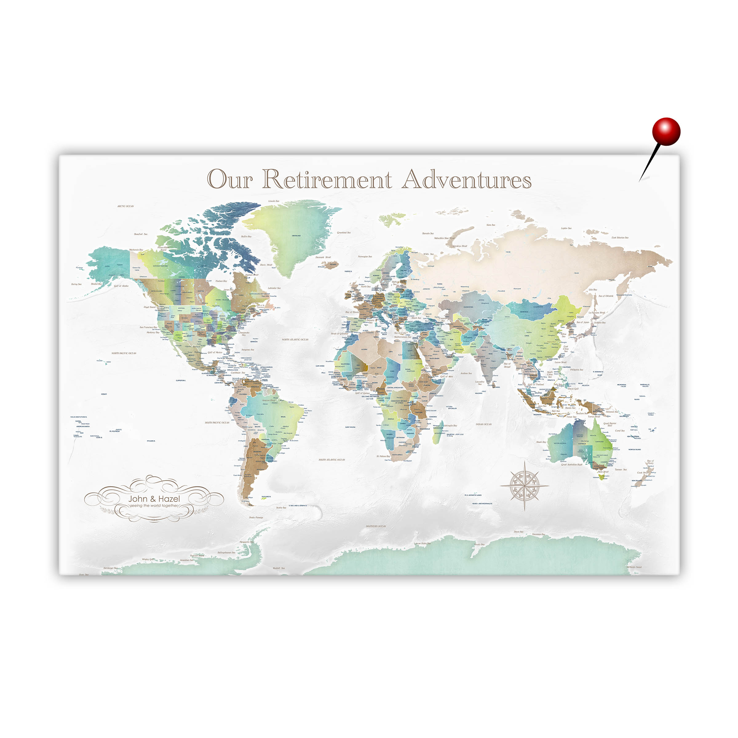 Hero image of personalized world travel retirement map gift